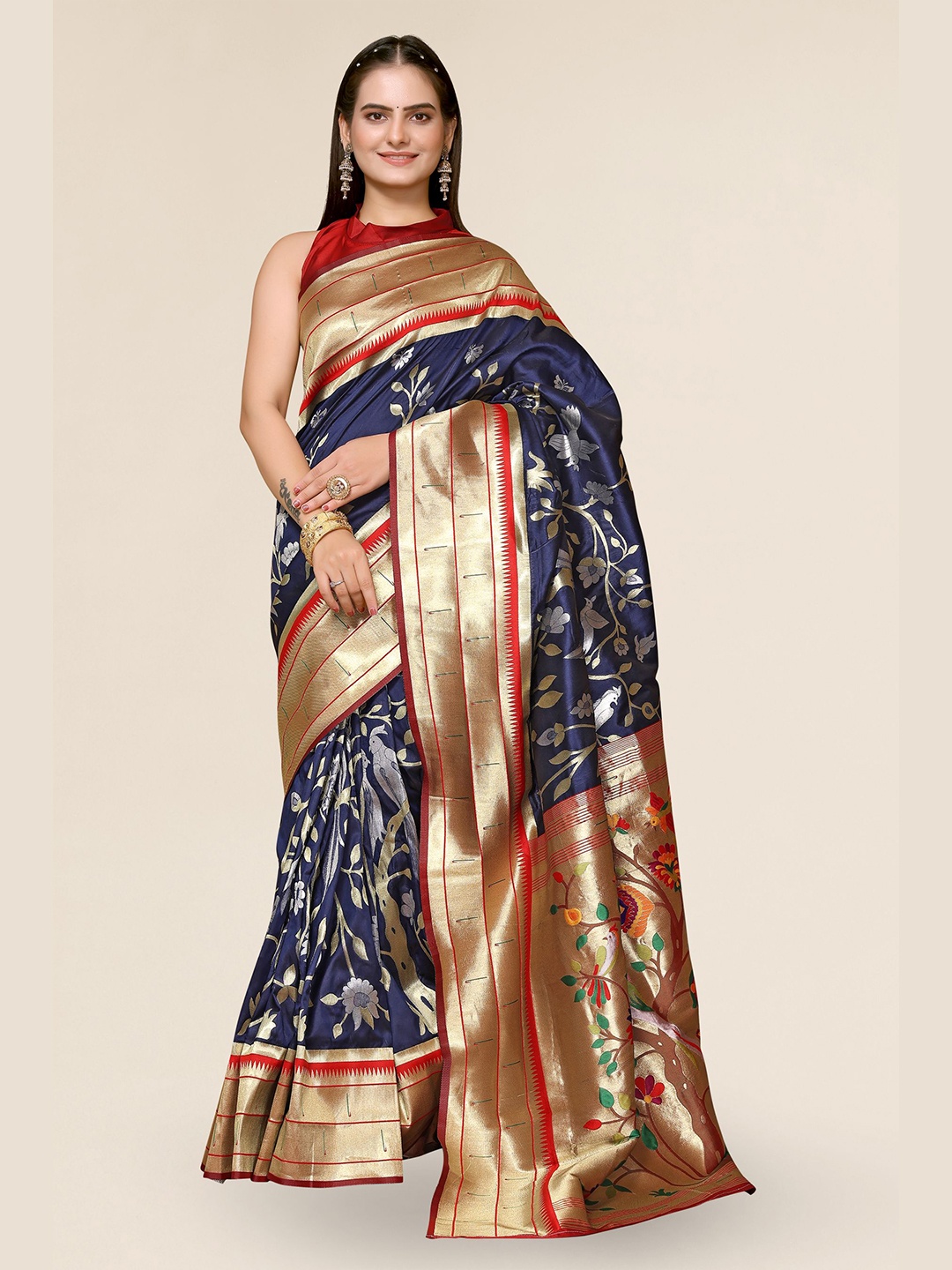 

DIVASTRI Floral Woven Design Zari Silk Blend Paithani Saree, Navy blue