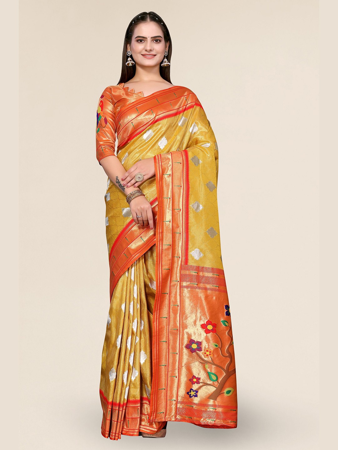 

DIVASTRI Ethnic Motifs Woven Design Zari Banarasi Saree, Yellow