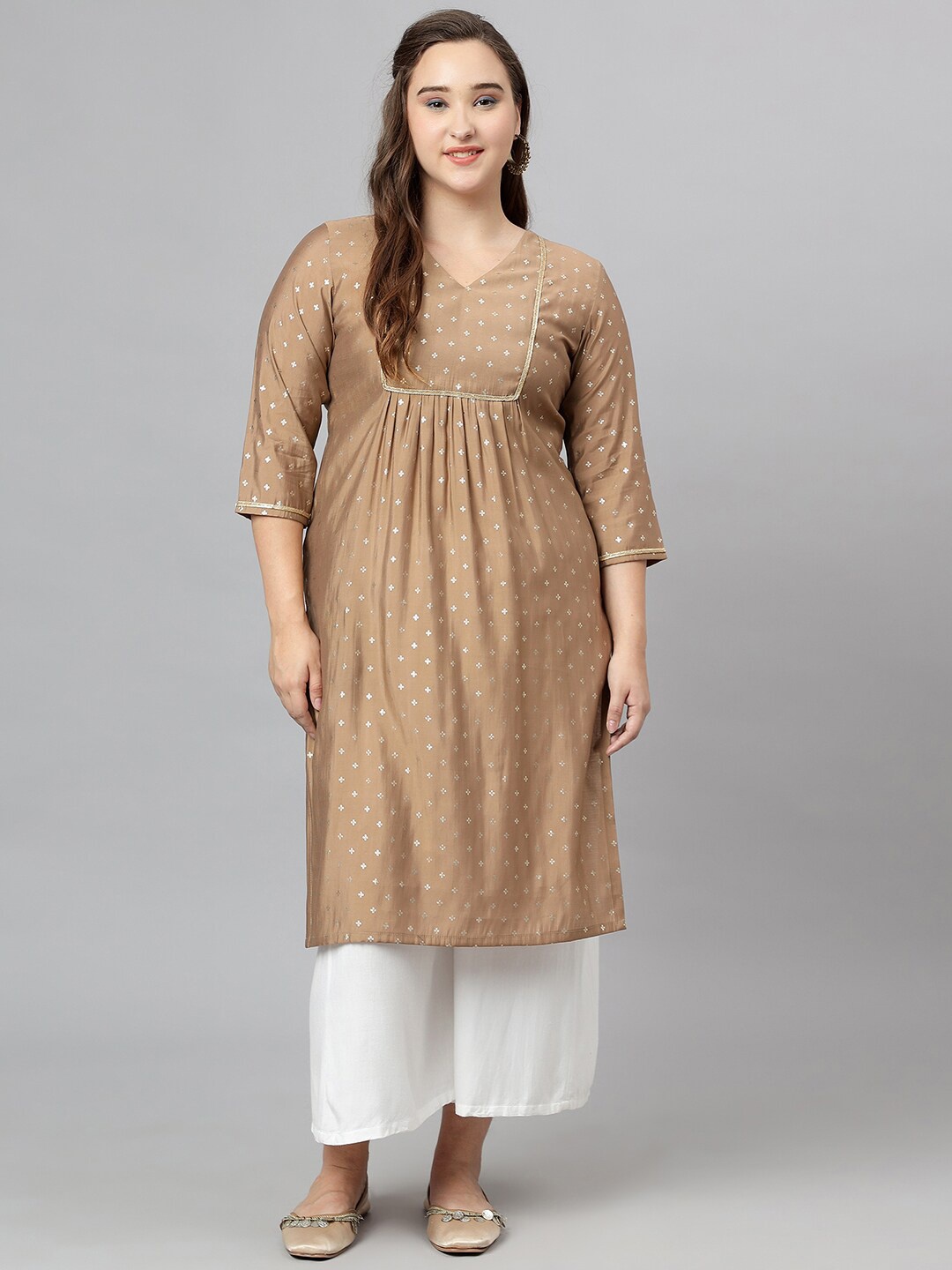 

Curvy Lane Women Beige Ethnic Motifs Printed Flared Sleeves Thread Work Kurta
