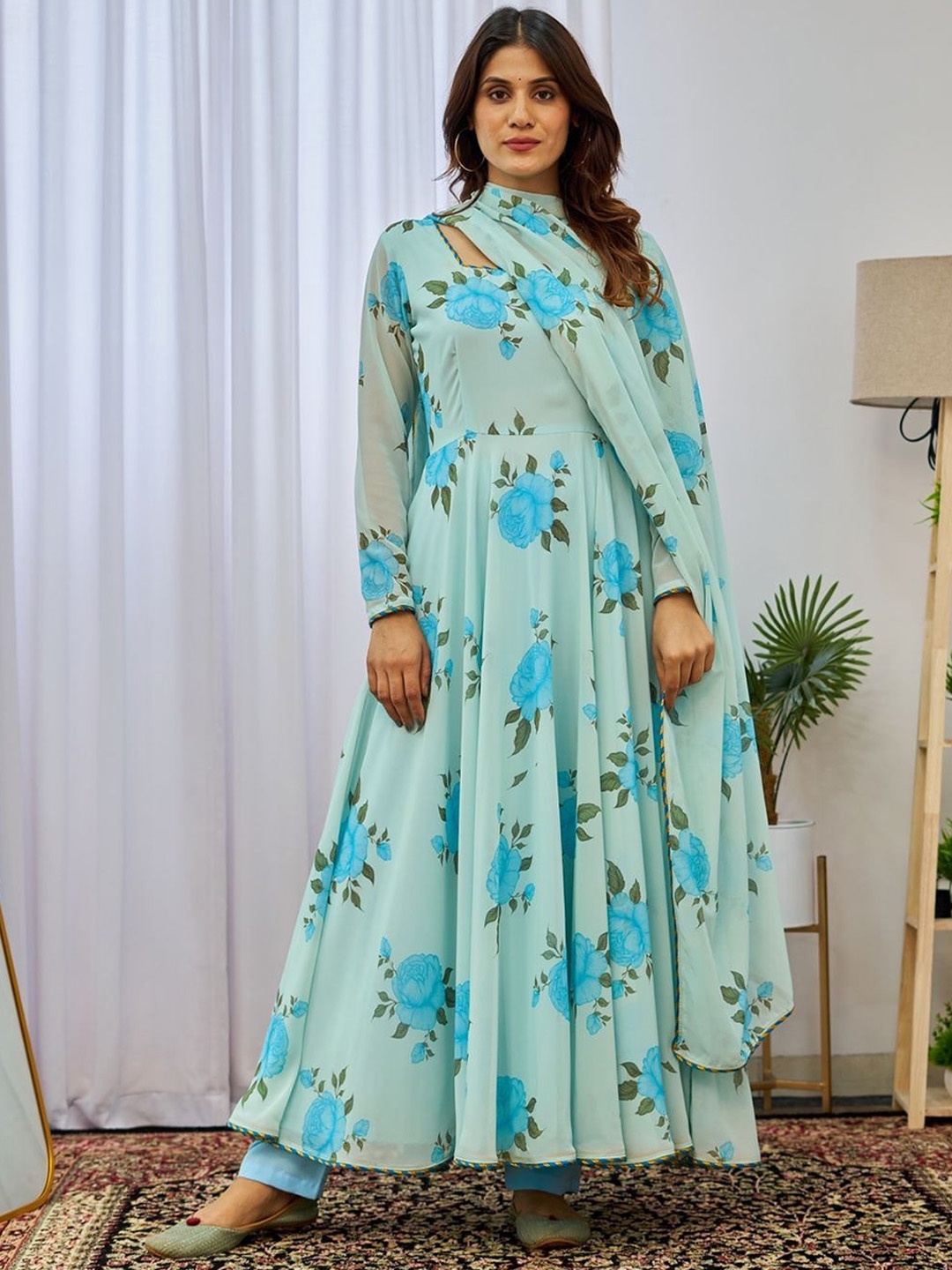

KALINI Floral Printed Fir & Flared Maxi Ethnic Dress With Matching Dupatta, Green