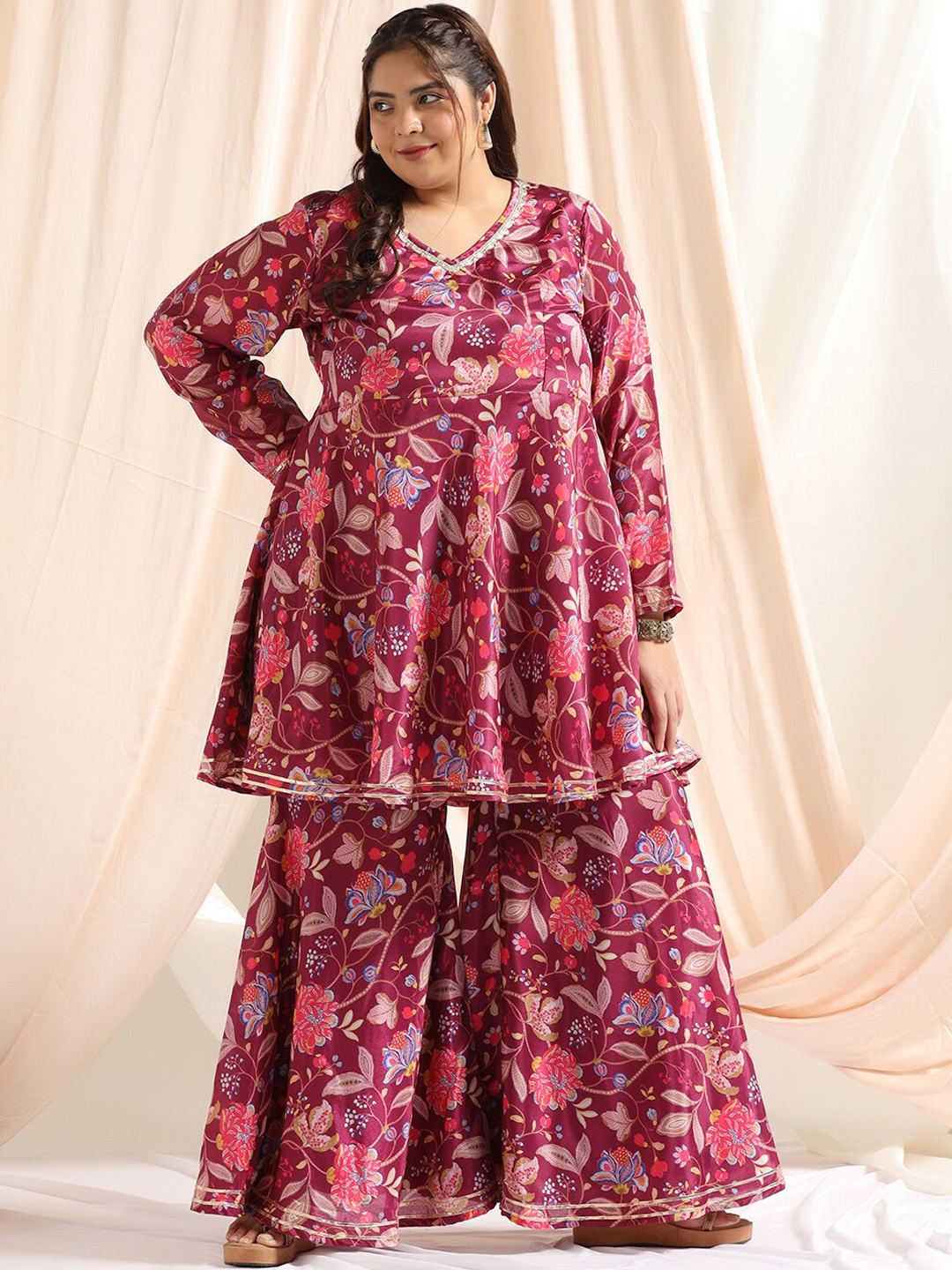 

FASHION DREAM Plus Size Floral Printed Regular Gotta Patti Kurta With Sharara, Burgundy