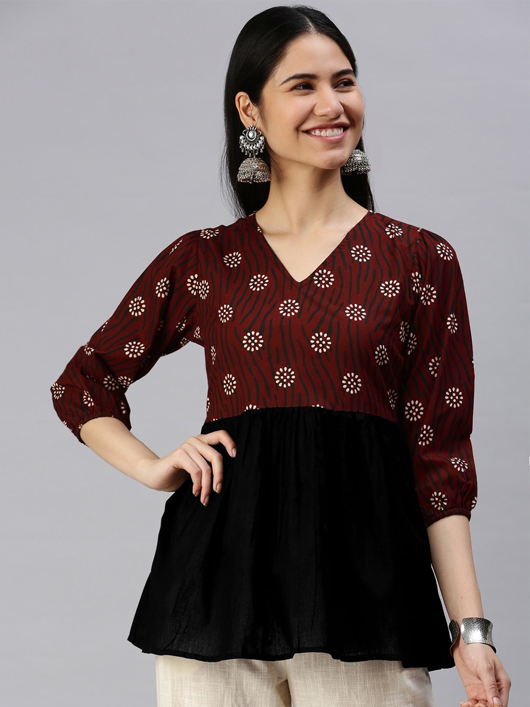 

KALINI Floral Printed V-Neck Pure Cotton Kurti, Maroon