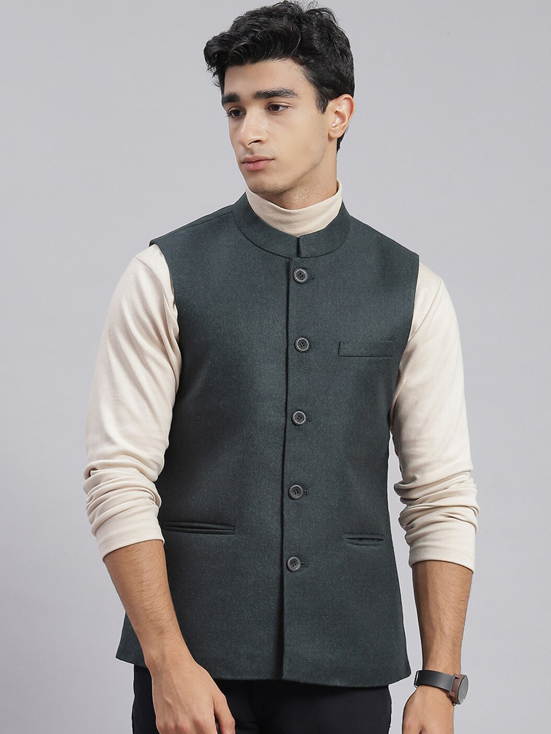 

Monte Carlo Mandarin Collar Woolen Nehru Jackets, Green