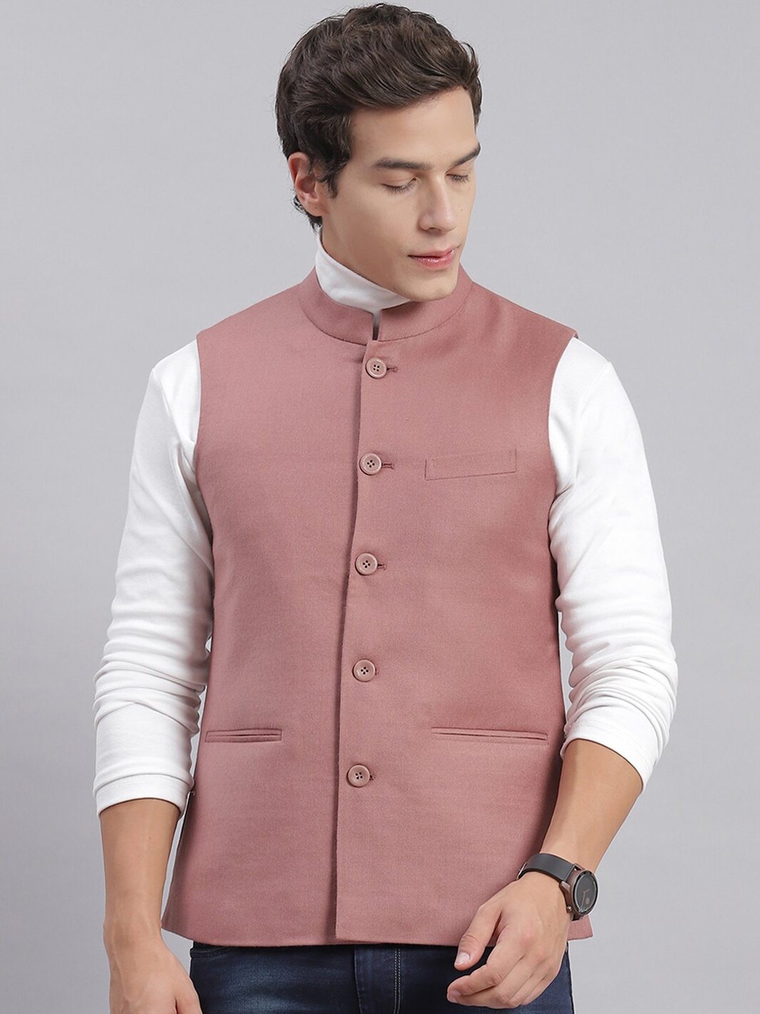 

Monte Carlo Mandarin Collar Woolen Nehru Jackets, Pink