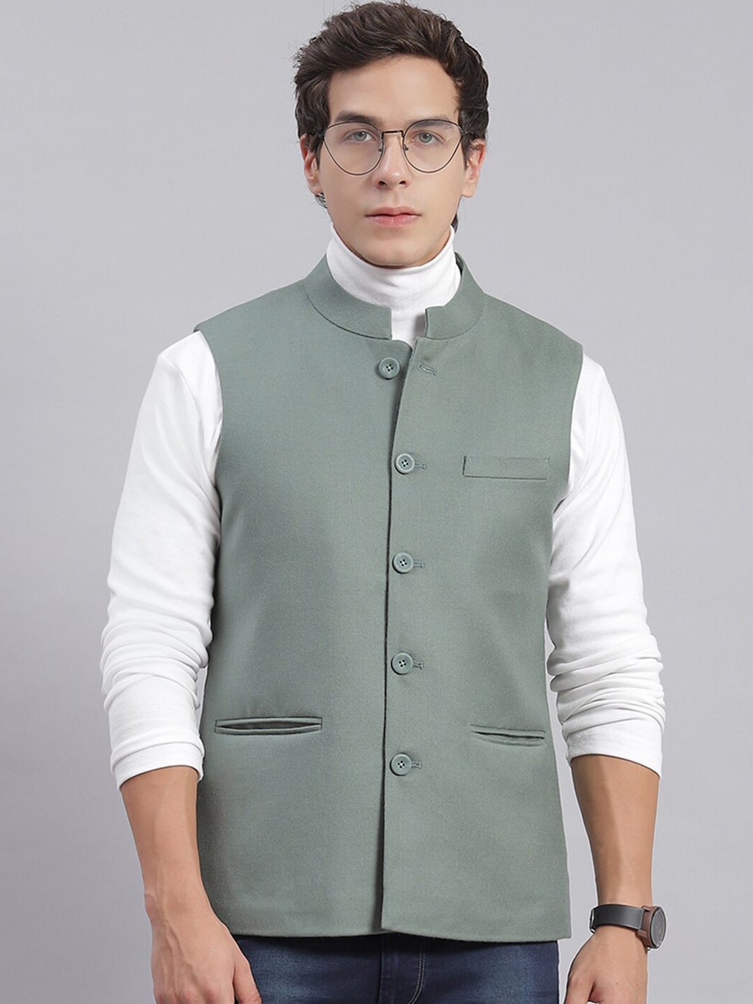 

Monte Carlo Mandarin Collar Woolen Nehru Jackets, Green