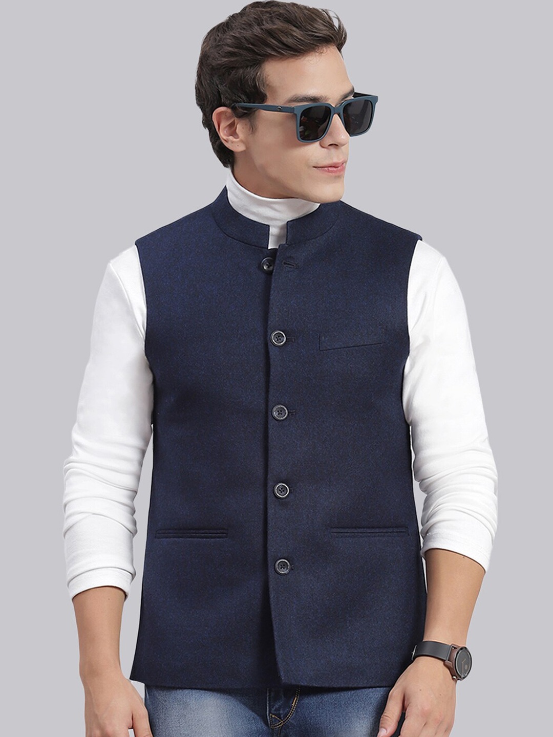 

Monte Carlo Mandarin Collar Nehru Jackets, Navy blue