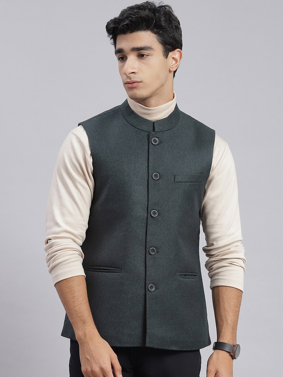 

Monte Carlo Mandarin Collar Woolen Nehru Jackets, Green