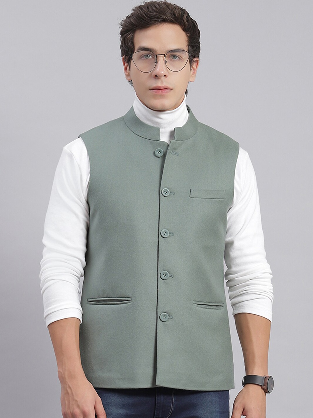 

Monte Carlo Mandarin Collar Woolen Nehru Jackets, Green