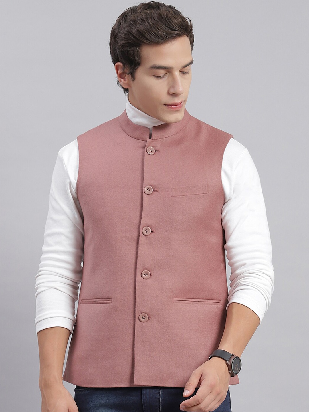 

Monte Carlo Mandarin Collar Woolen Nehru Jackets, Pink