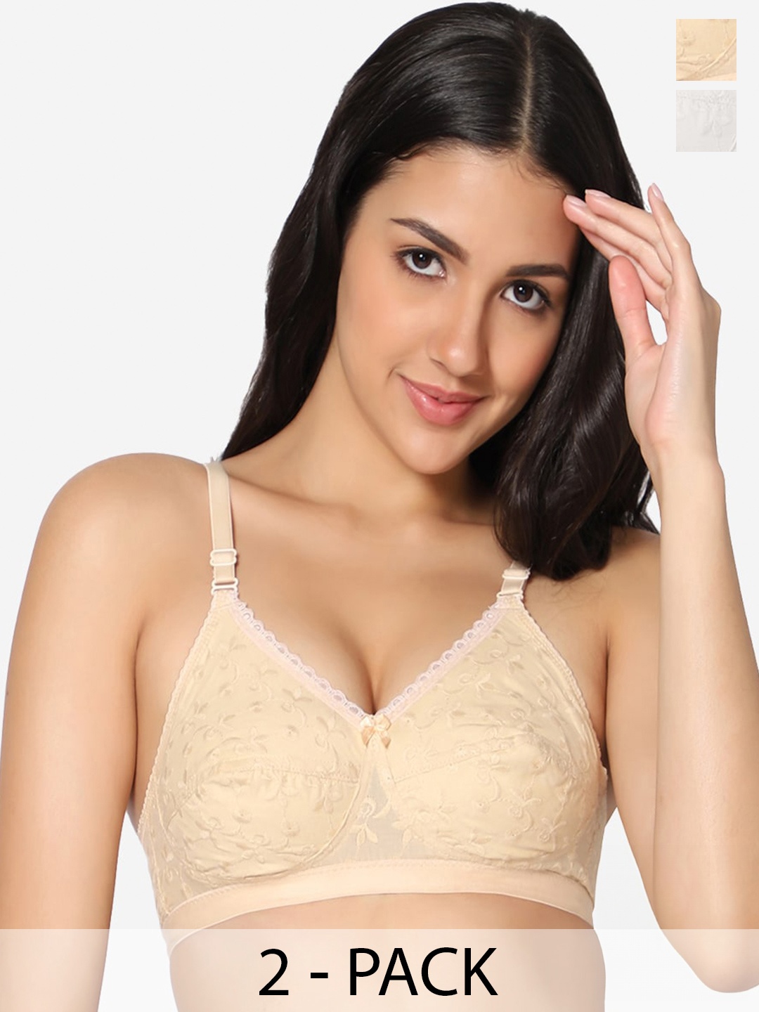 

In Care Pack Of 2 Floral Embroidered Full Coverage Cotton T-shirt Bra, Cream