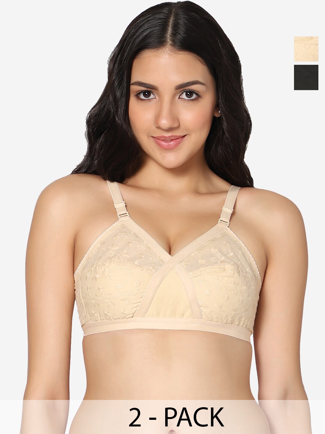 

In Care Pack Of 2 Pure Cotton Floral Laced Everyday Bra Half Coverage Non Padded, Nude