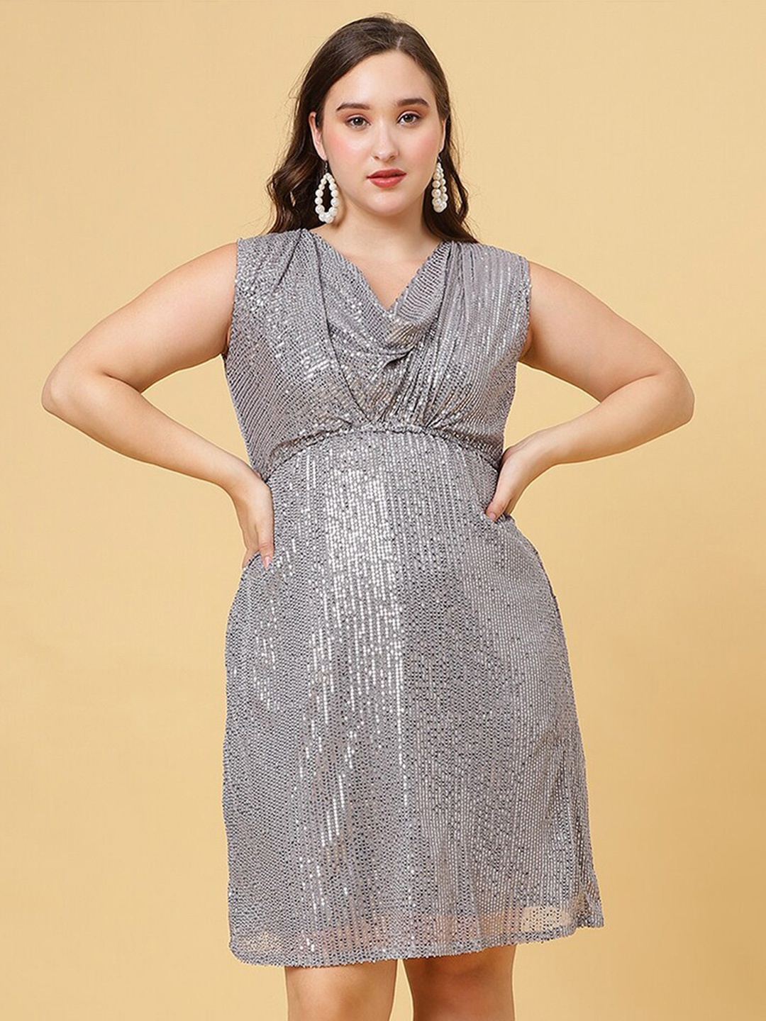 

Curvy Lane Cowl Neck Sequin Embellished Empire Dress, Grey