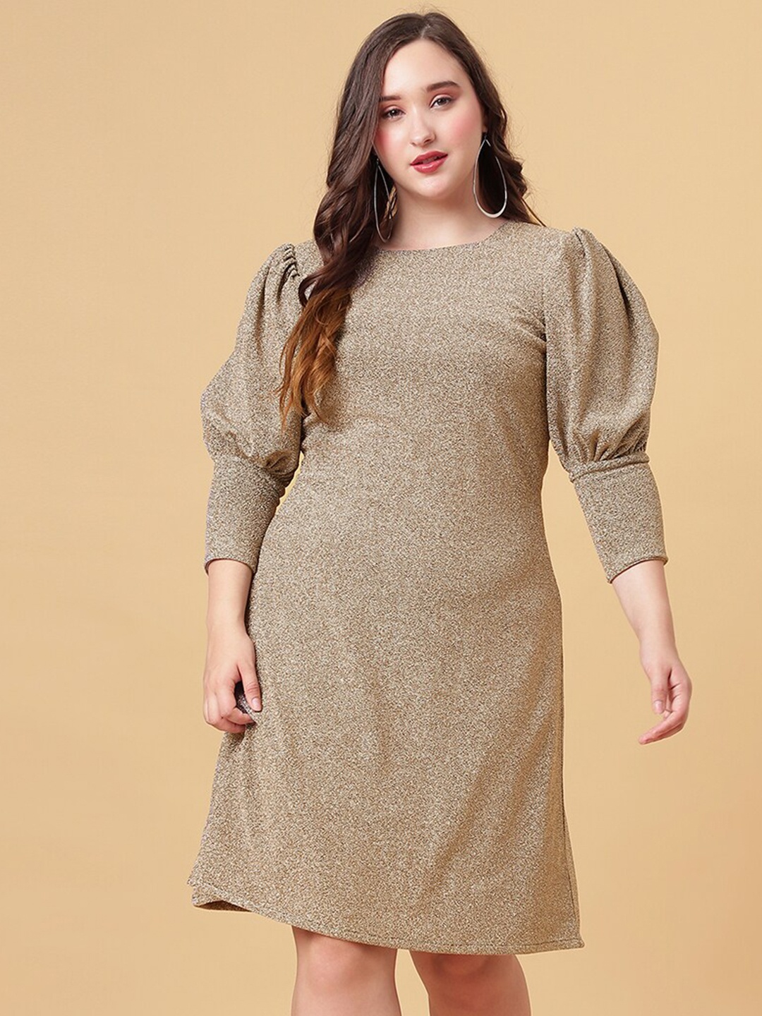 

Curvy Lane Plus Size Shimmered Puff Sleeves Sheath Dress, Brown