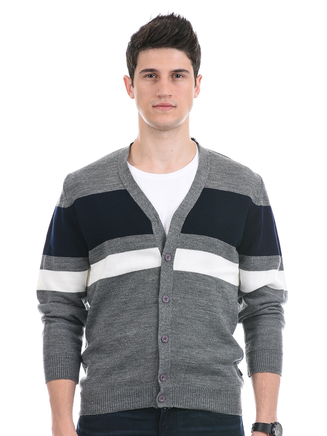 

LONDON FOG Colourblocked Cardigan Sweater, Grey