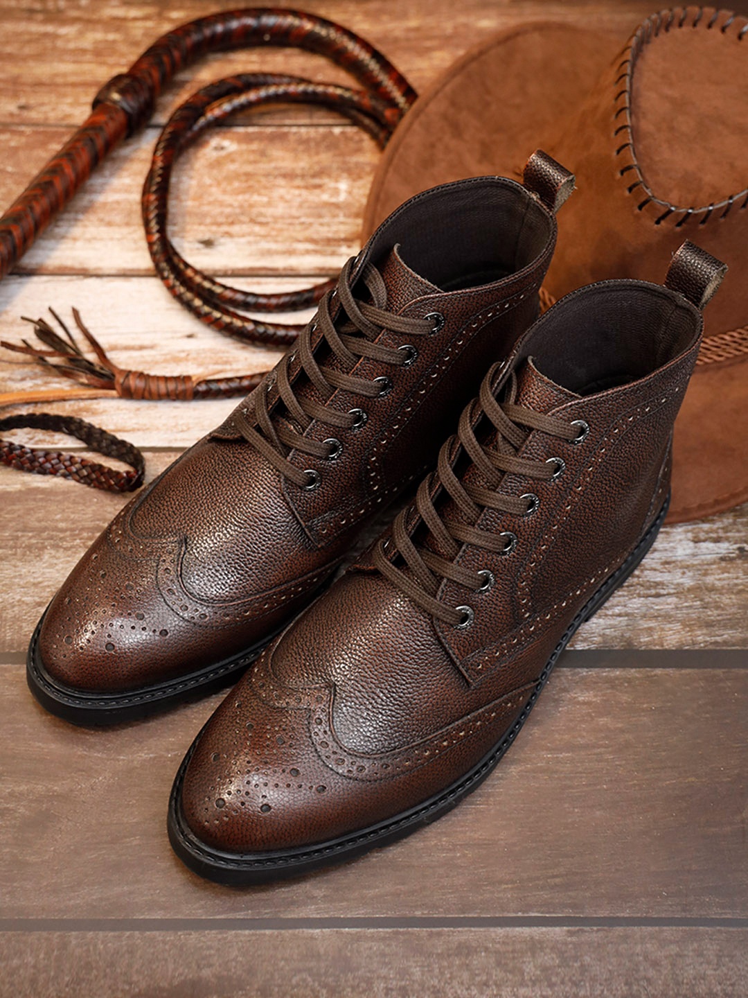 

LOUIS STITCH Men Brunette Brown Egyptian Milled Leather Mid-Top Chukka Brogue Boots