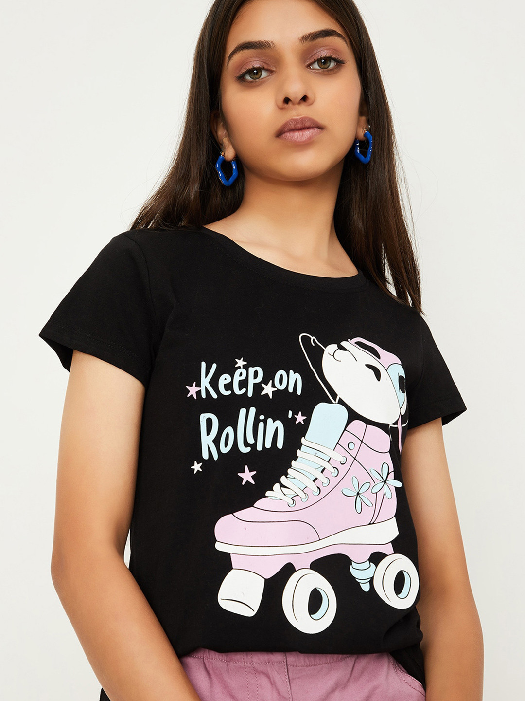 

max Girls Graphic Printed Pure Cotton T-Shirt, Black