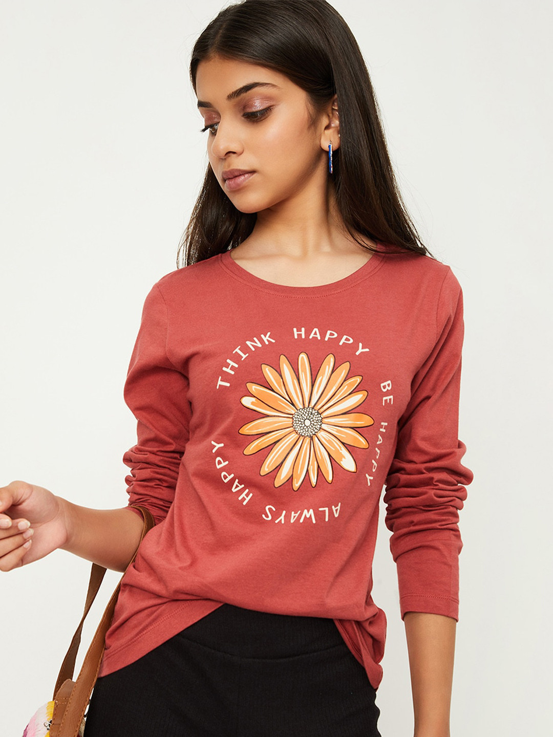 

max Girls Floral Printed Cotton T-shirt, Burgundy