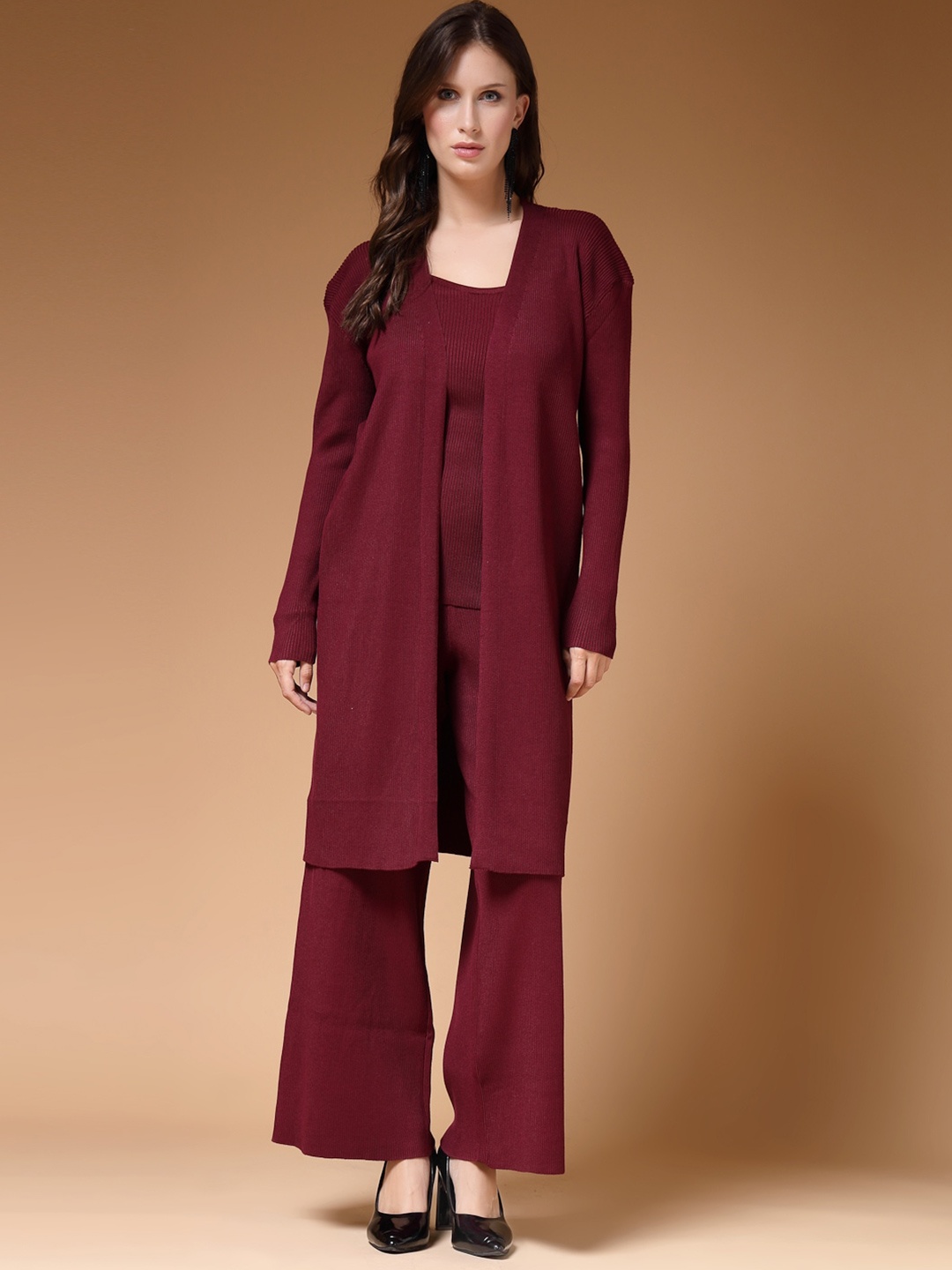 

Mafadeny Shoulder Straps Top With Palazzos & Shrug, Maroon