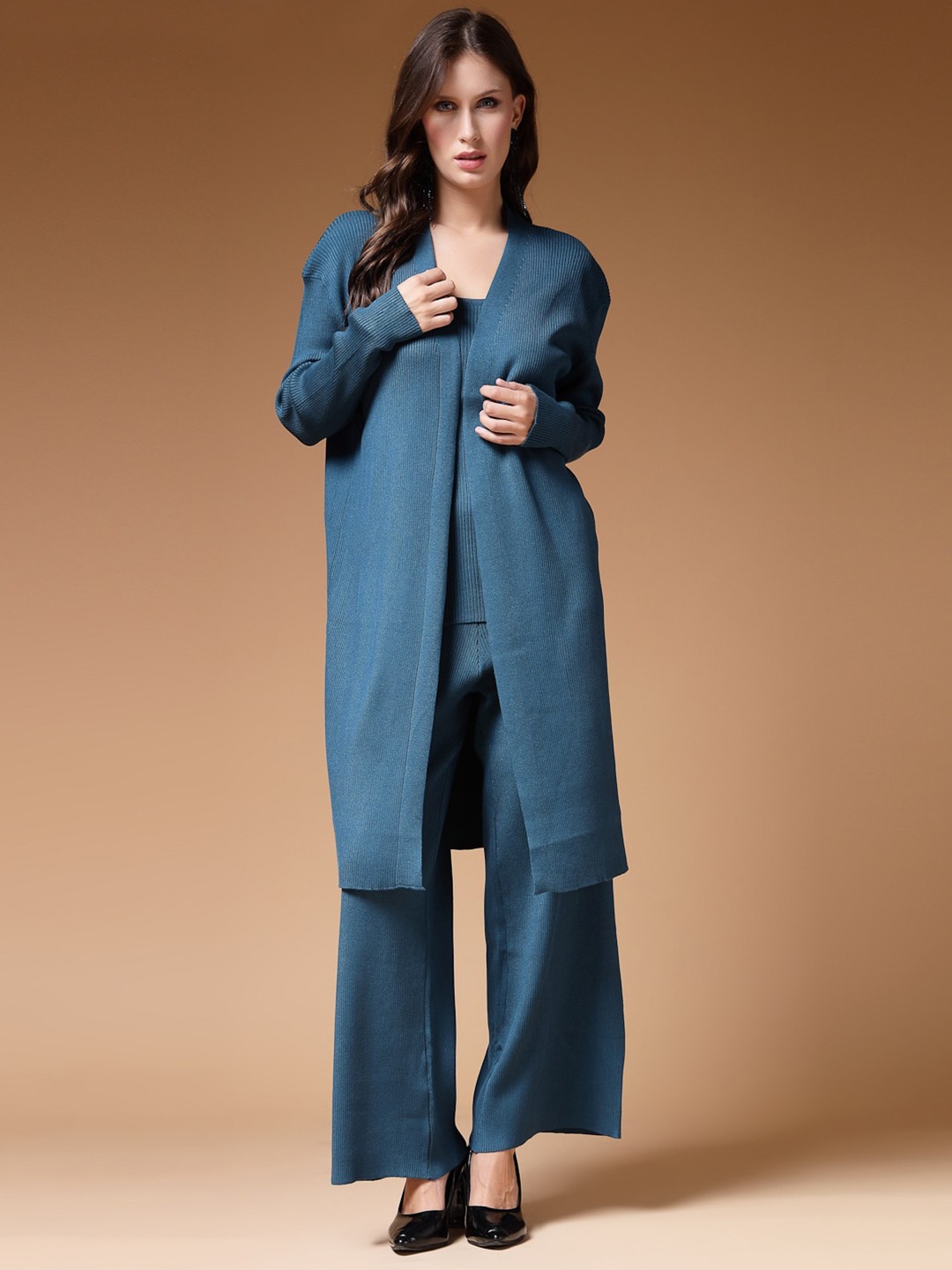 

Mafadeny Ribbed Woolen Camisole Top with Palzzos & Shrug, Teal