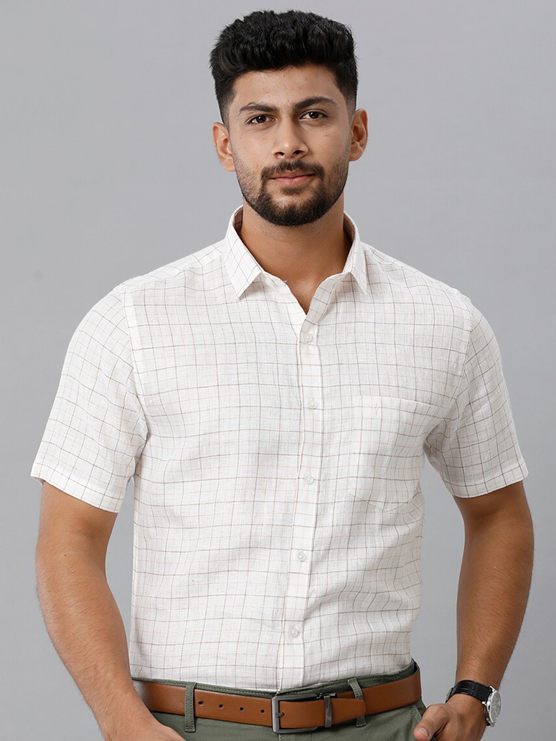 

Ramraj Tartan Checked Linen Formal Shirt, White