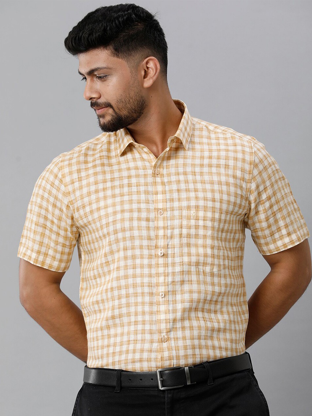

Ramraj Checked Linen Formal Shirt, Beige
