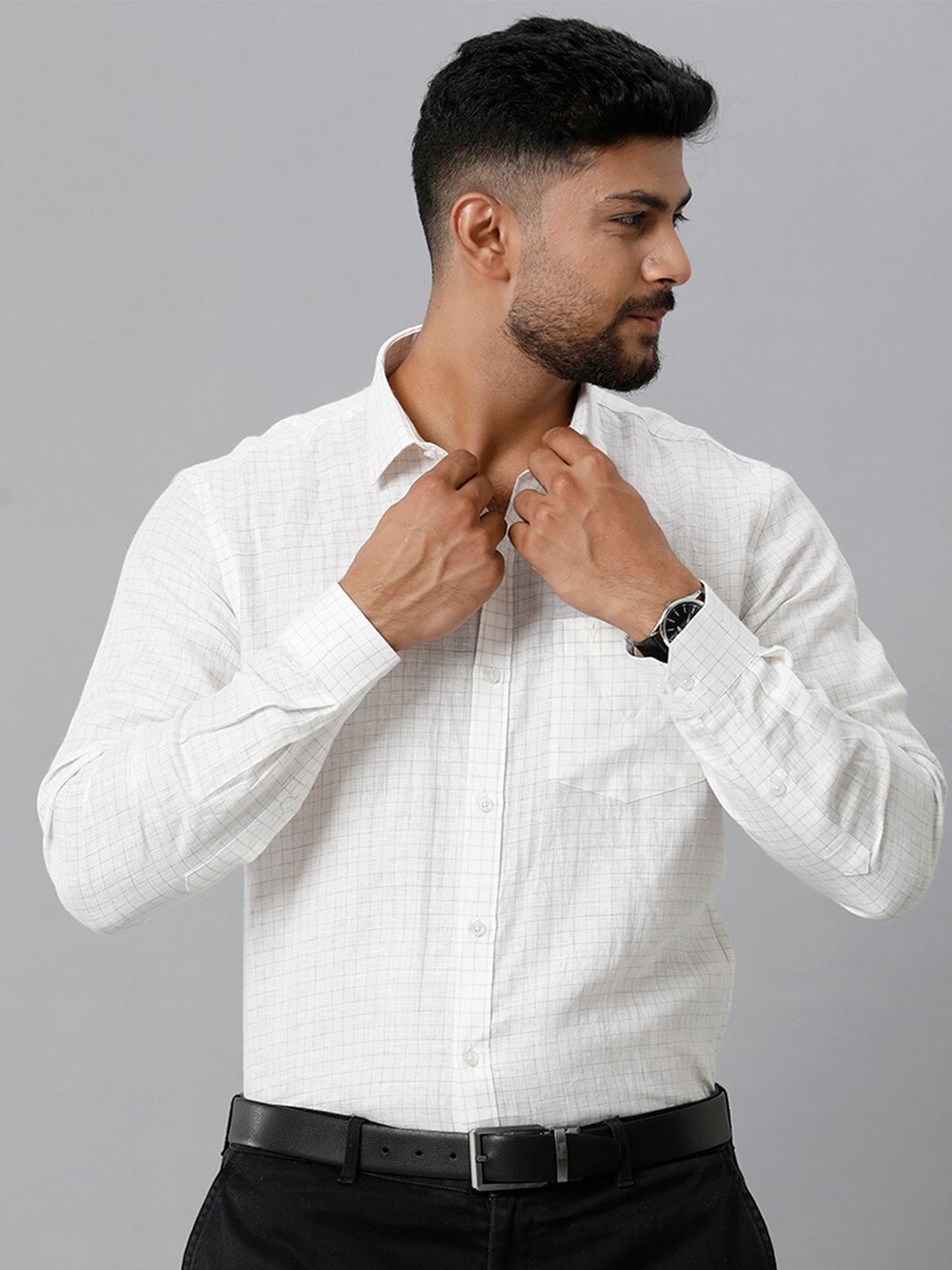 

Ramraj Grid Checked Regular Fit Linen Formal Shirt, White
