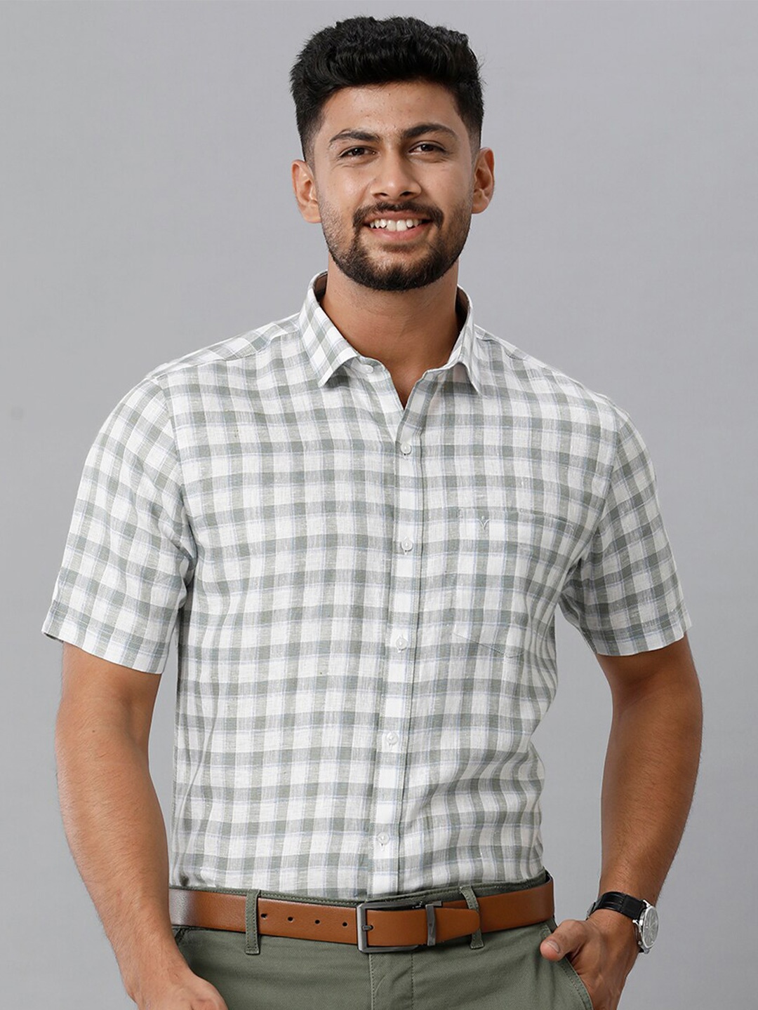 

Ramraj Gingham Checked Linen Formal Shirt, Grey