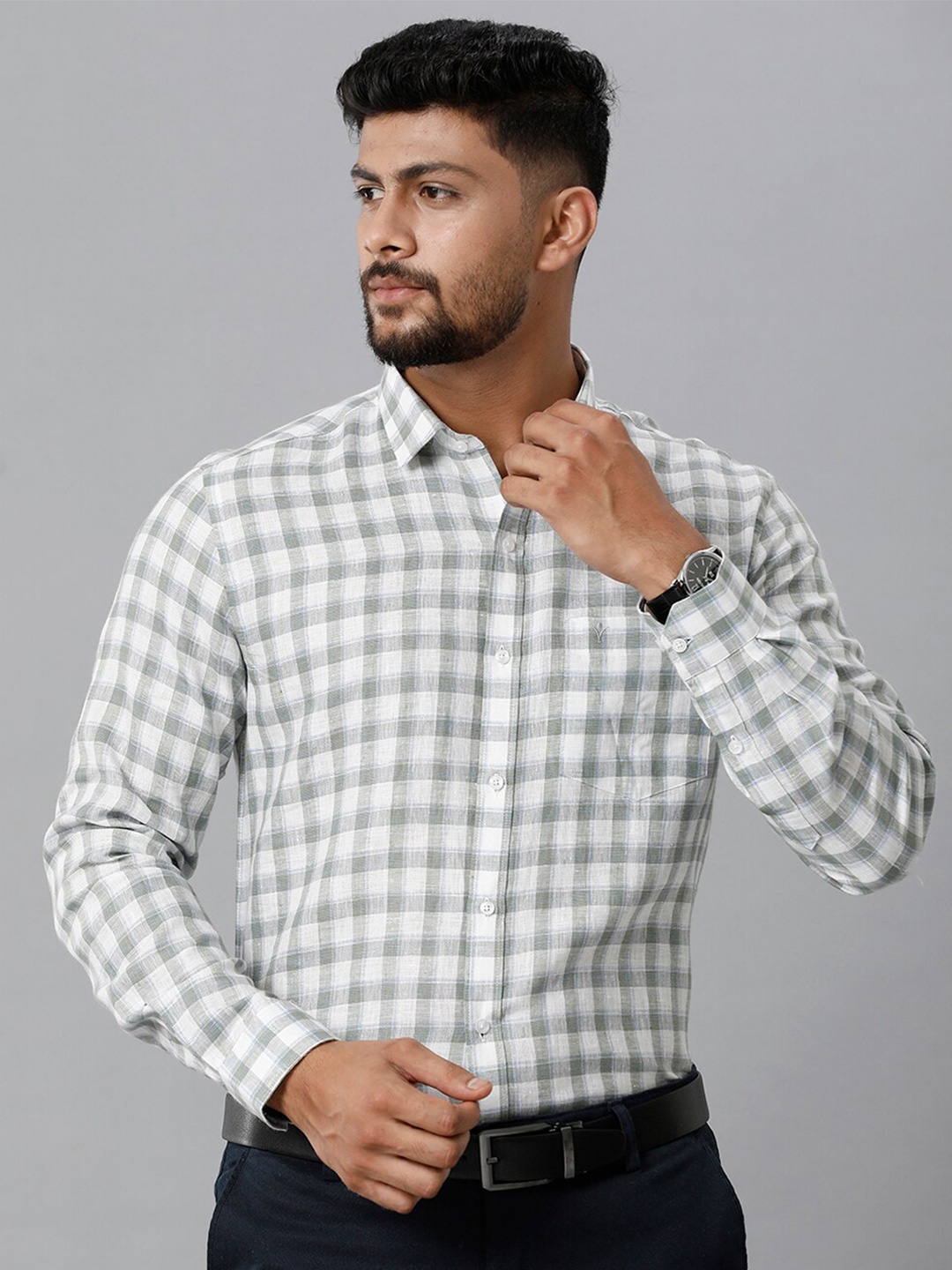 

Ramraj Gingham Checked Linen Formal Shirt, Grey