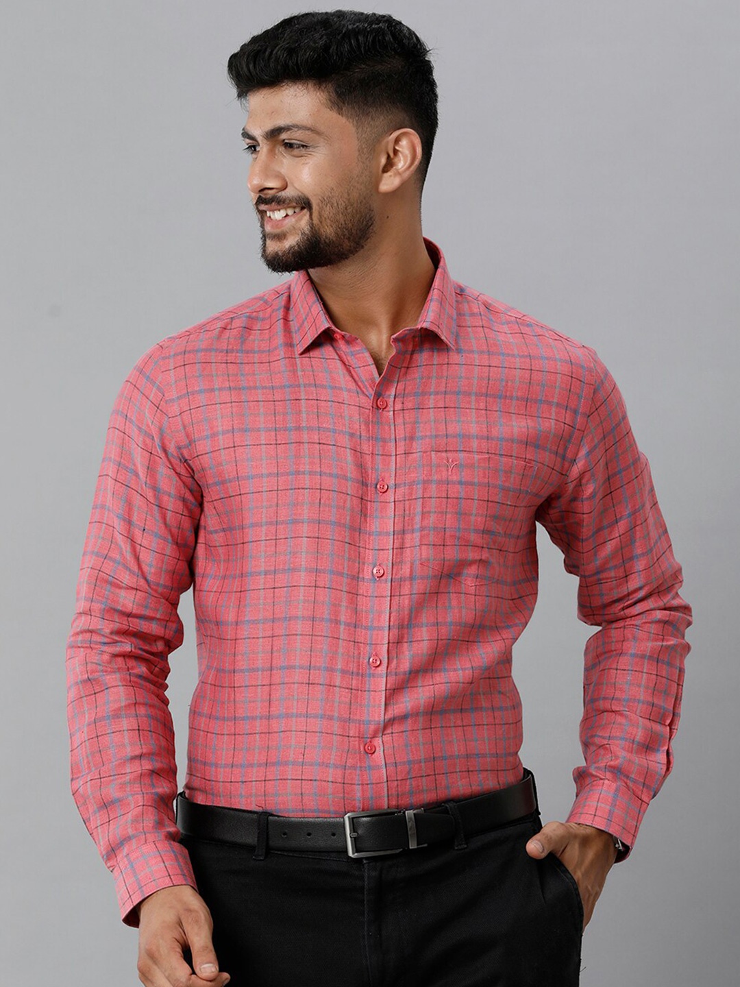 

Ramraj Gingham Checked Linen Formal Shirt, Pink