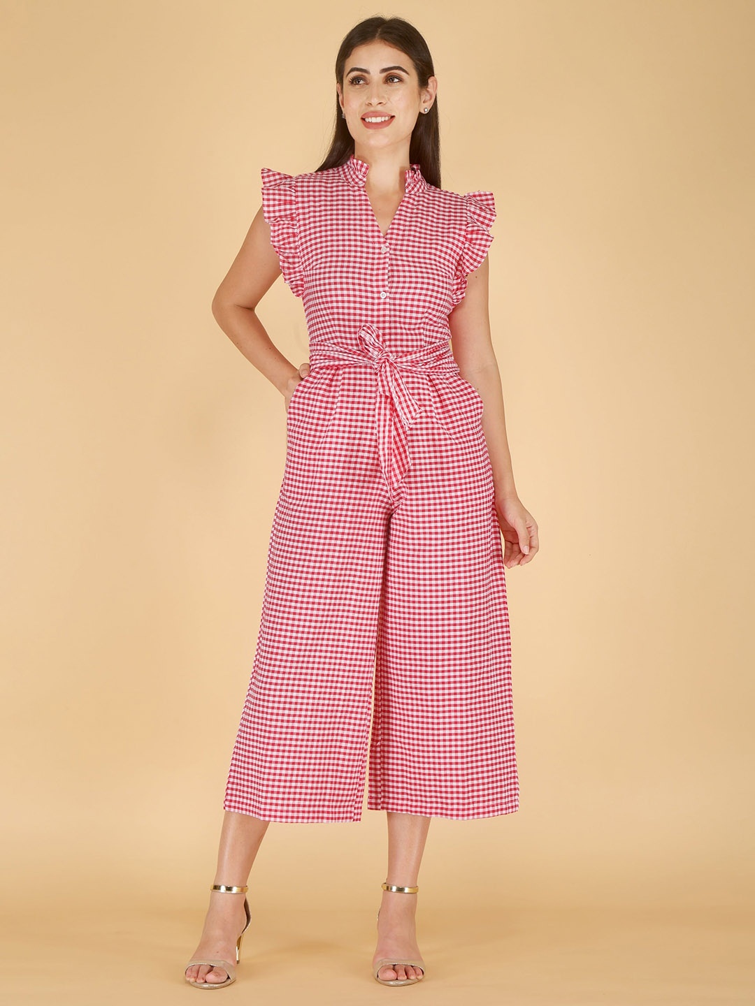 

HERE&NOW Checked Basic Jumpsuit with Ruffles, Pink
