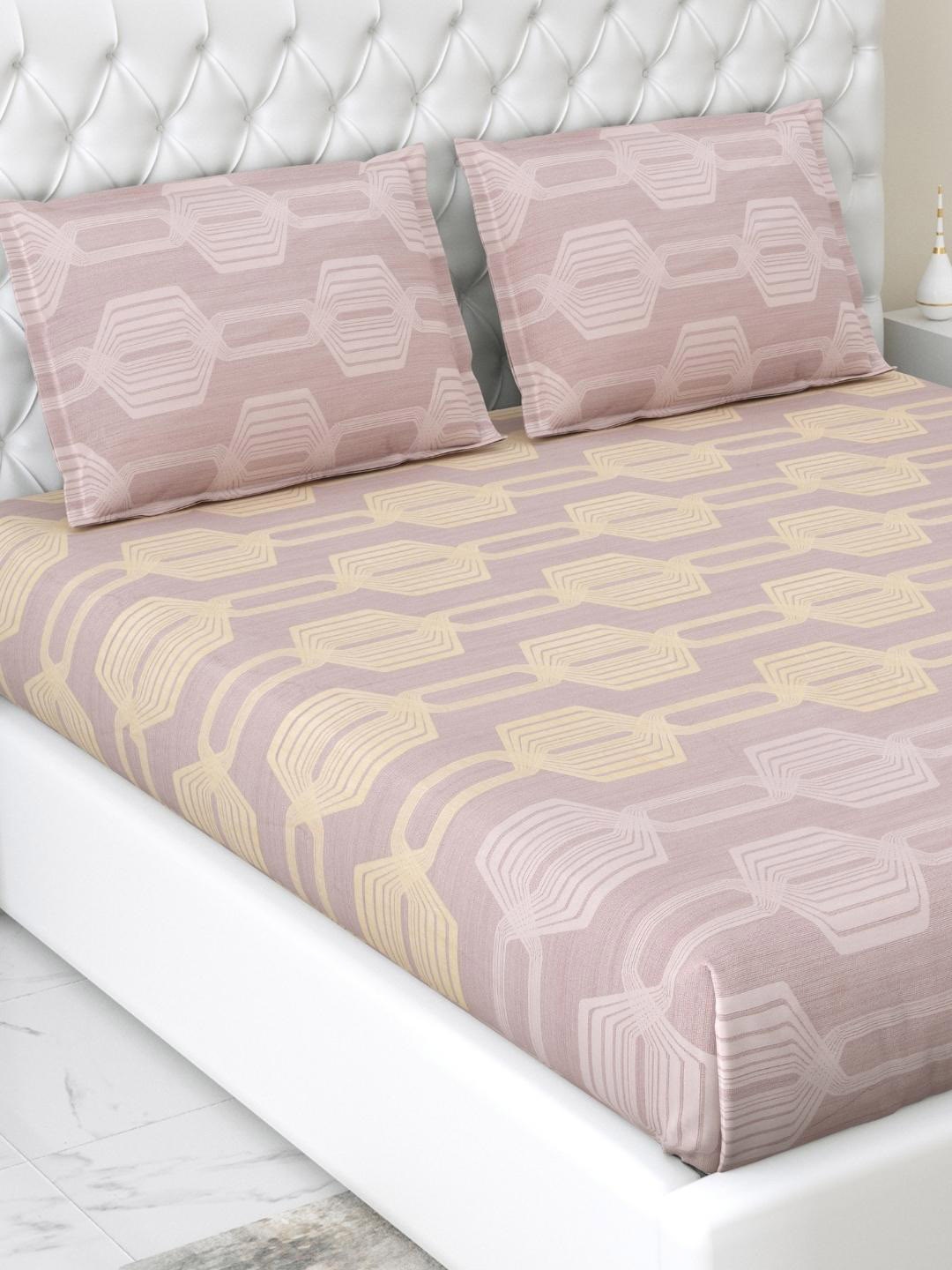 

haus & kinder Purple Geometric Pure Cotton 186 TC Fitted Queen Bedsheet & 2 Pillow Covers