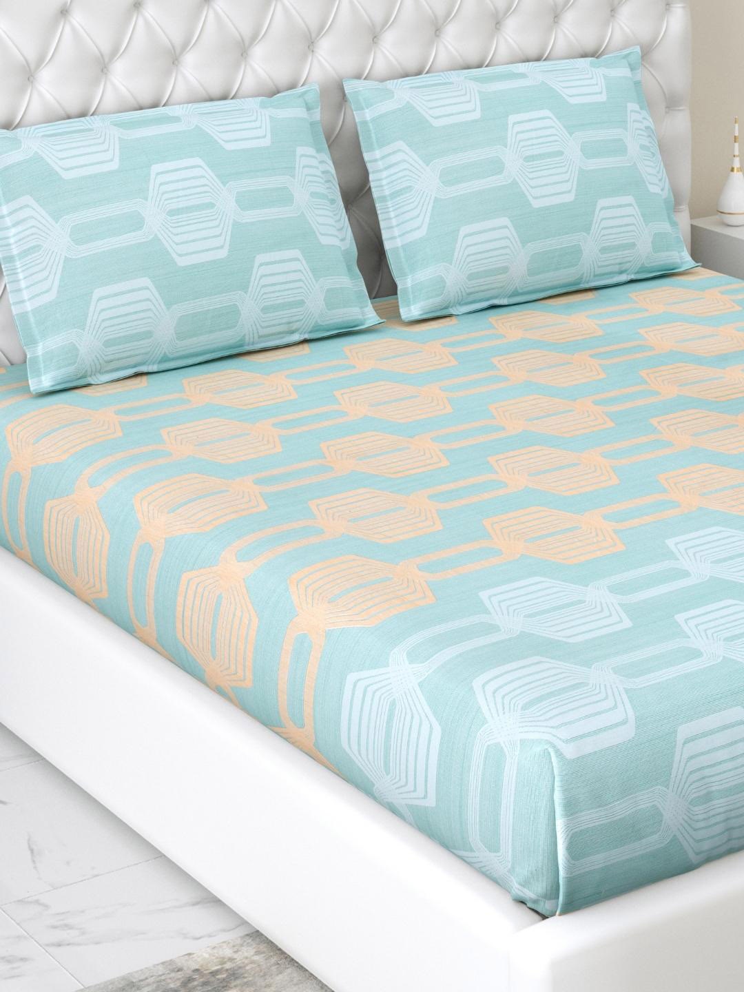 

haus & kinder Blue Geometric Pure Cotton 186 TC Fitted King Bedsheet with 2 Pillow Covers