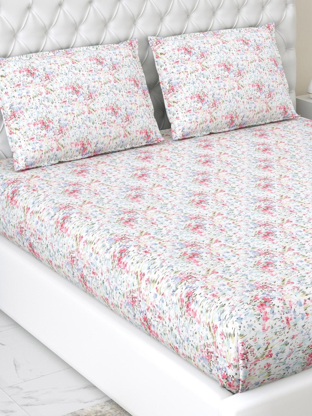 

haus & kinder Pink Floral Cotton Fitted 200 TC Queen Bedsheet with 2 Pillow Covers