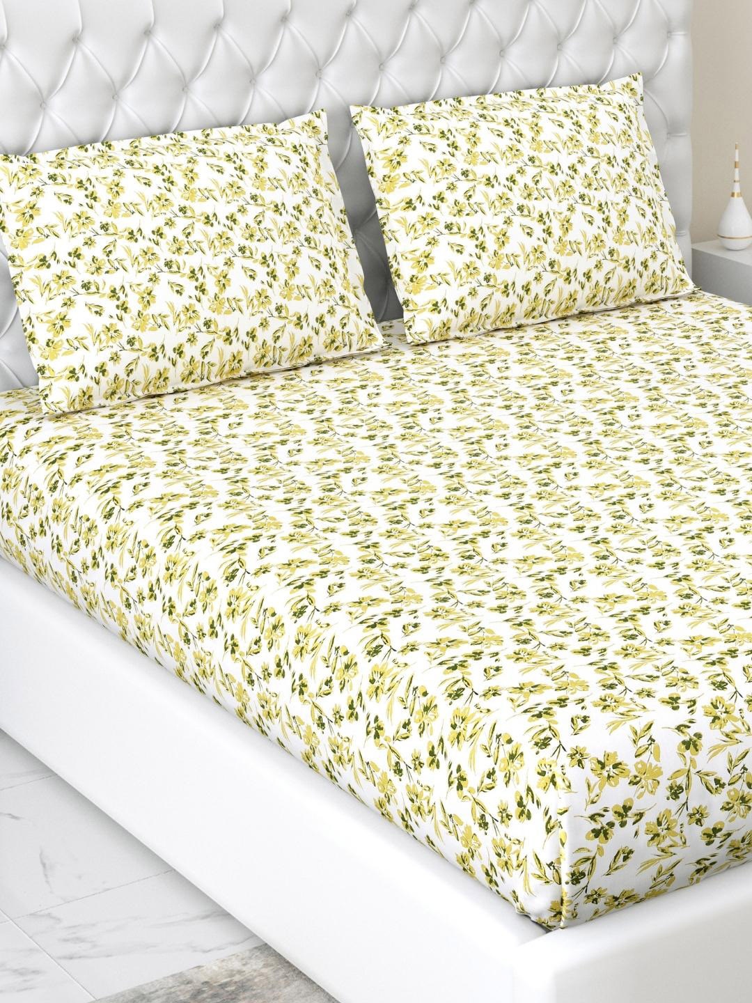 

haus & kinder White & Green Floral Cotton Fitted 200 TC King Bedsheet With 2 Pillow Covers