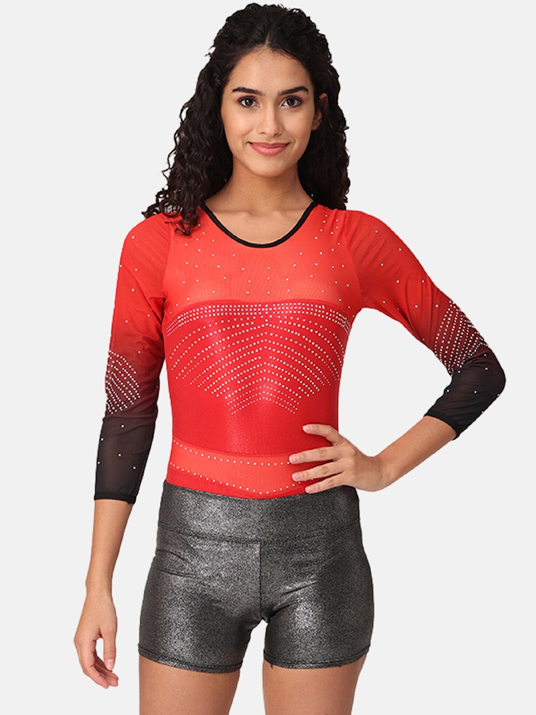 

IKAANYA Embellished Leotard Bodysuit With Shorts, Red