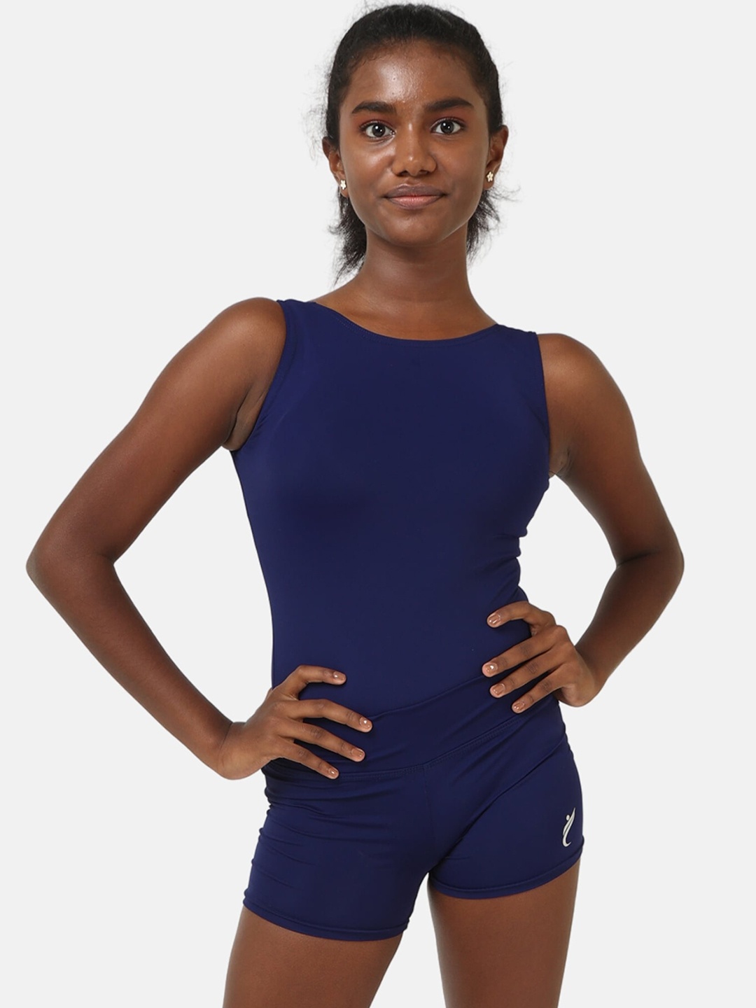 

IKAANYA Girls Round Neck Leotard With Shorts, Navy blue