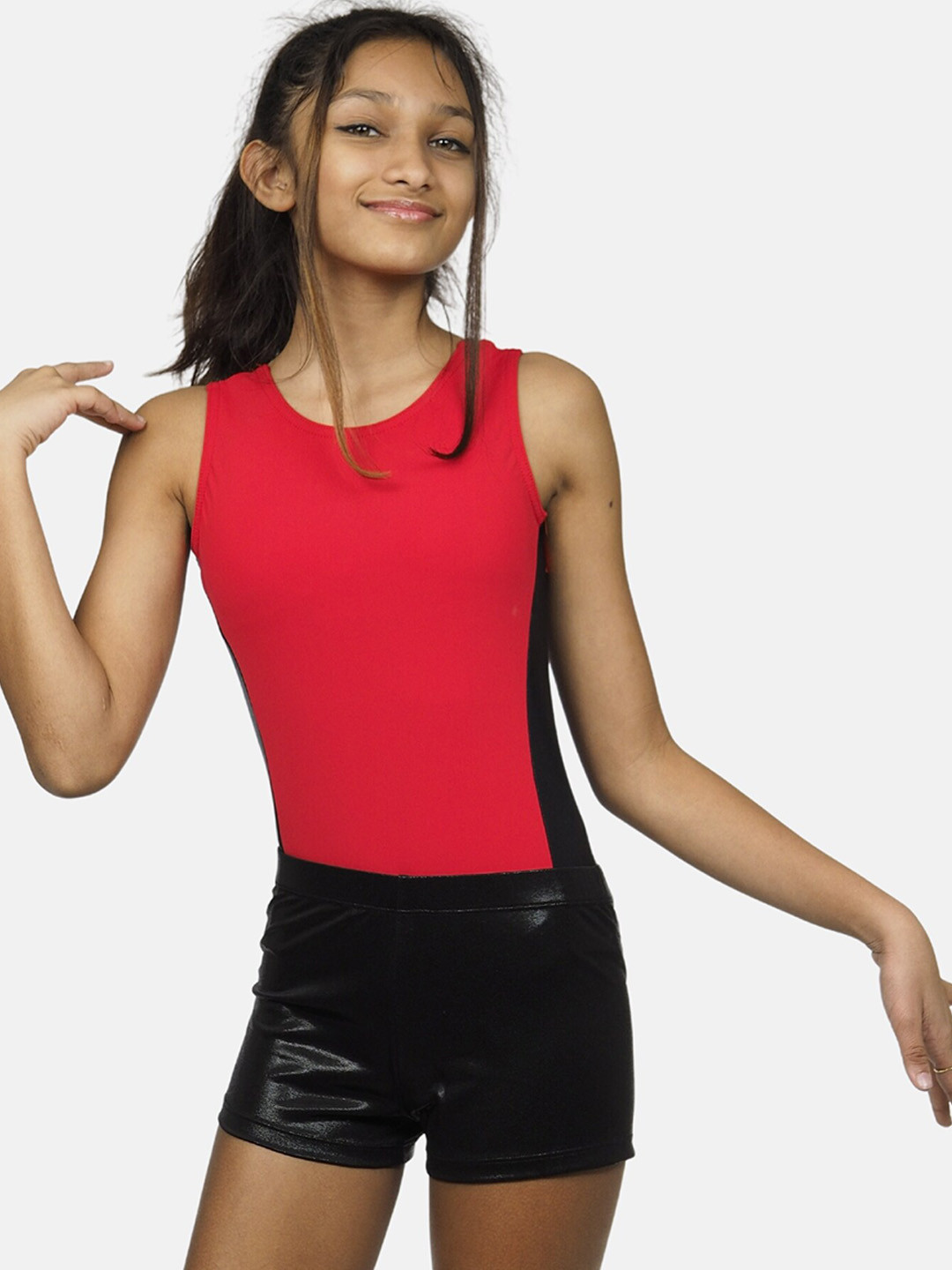 

IKAANYA Girls Sleeveless Leotard With Shorts, Red