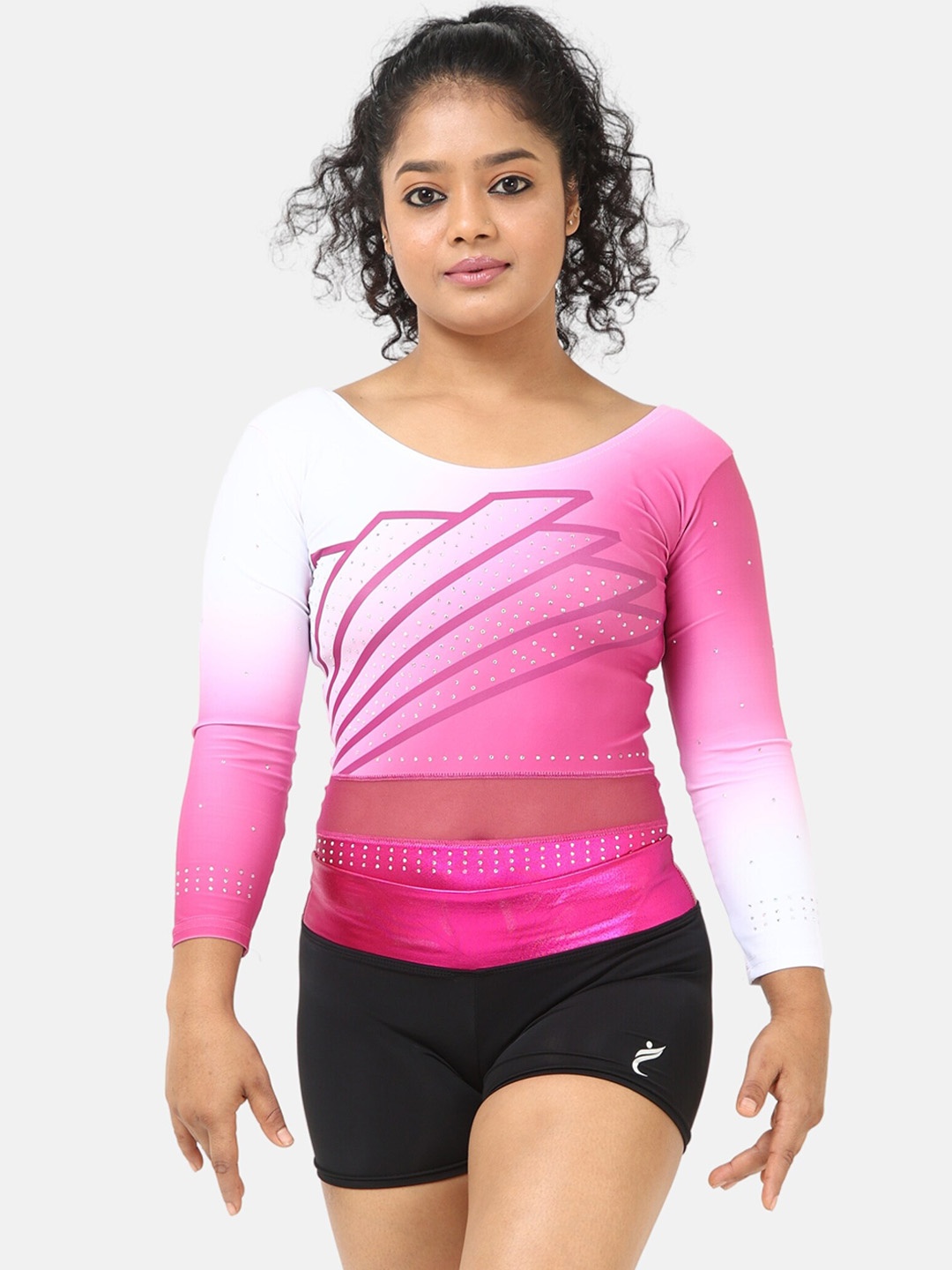 

IKAANYA Girls Printed Gymnastics Rhinestone Leotard And Shorts, Pink