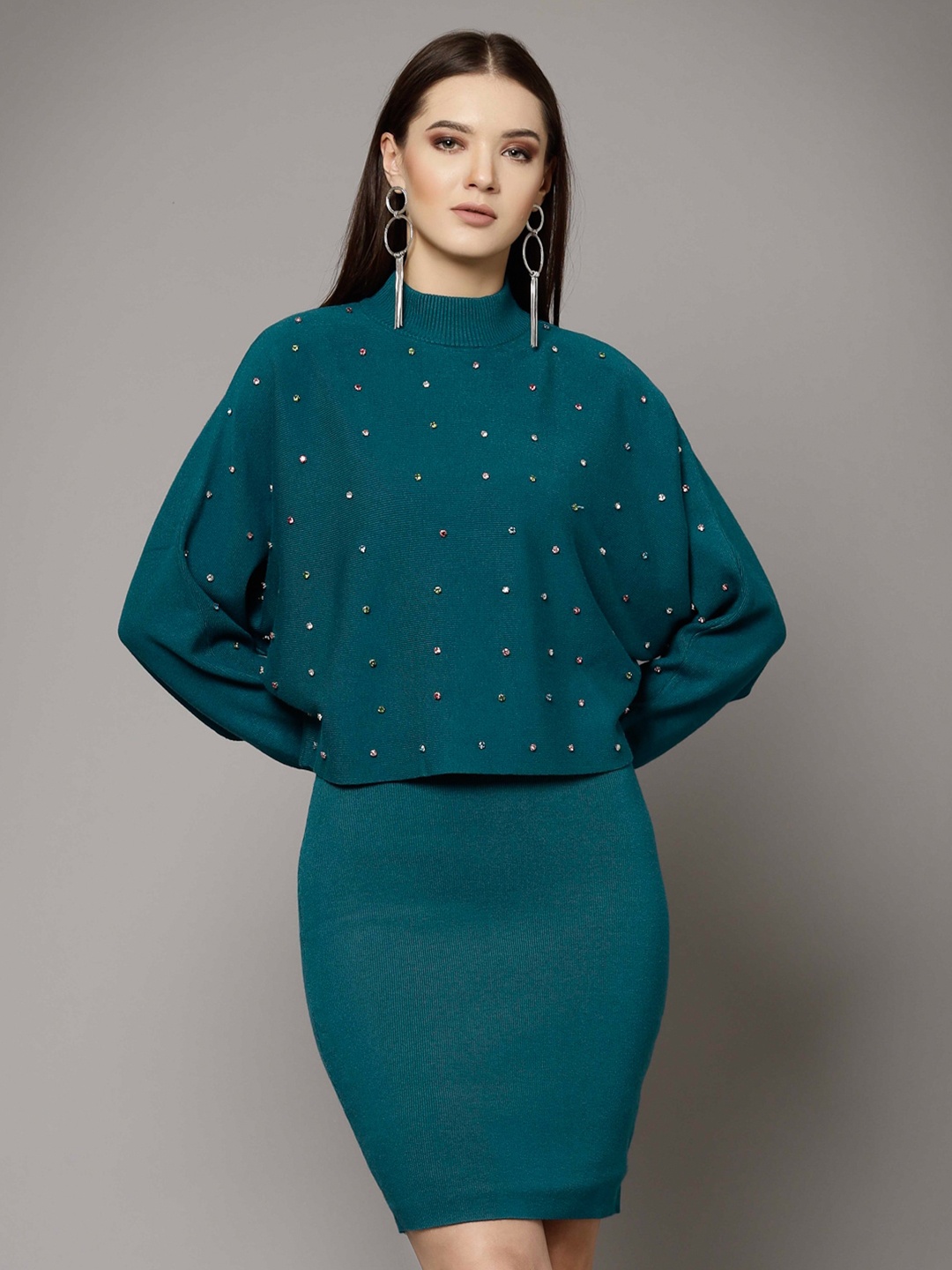 

Mafadeny Shoulder Straps Sheath Dress With Embellished Shrug, Green
