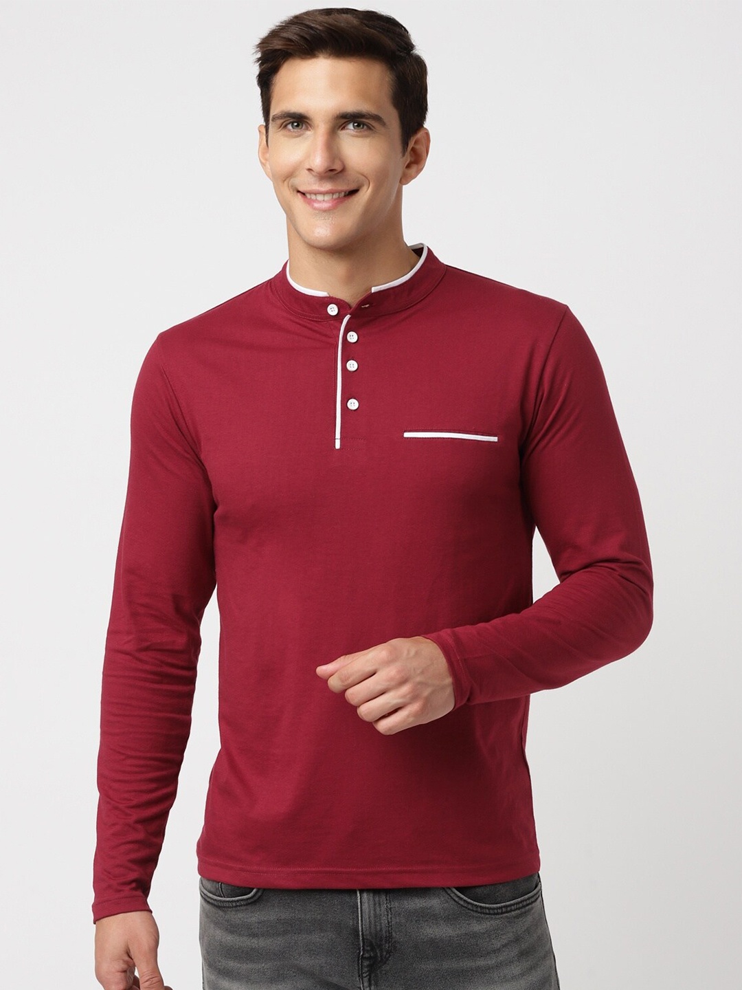 

UrbanMark Mandarin Collar Long Sleeves T-shirt, Maroon