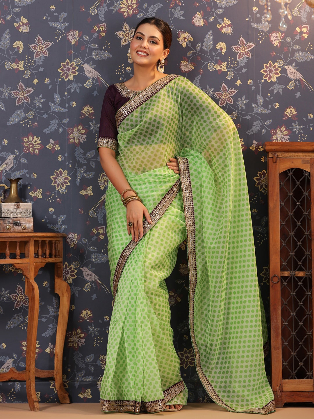 

House of Pataudi Polka Dots Printed Organza Saree, Green