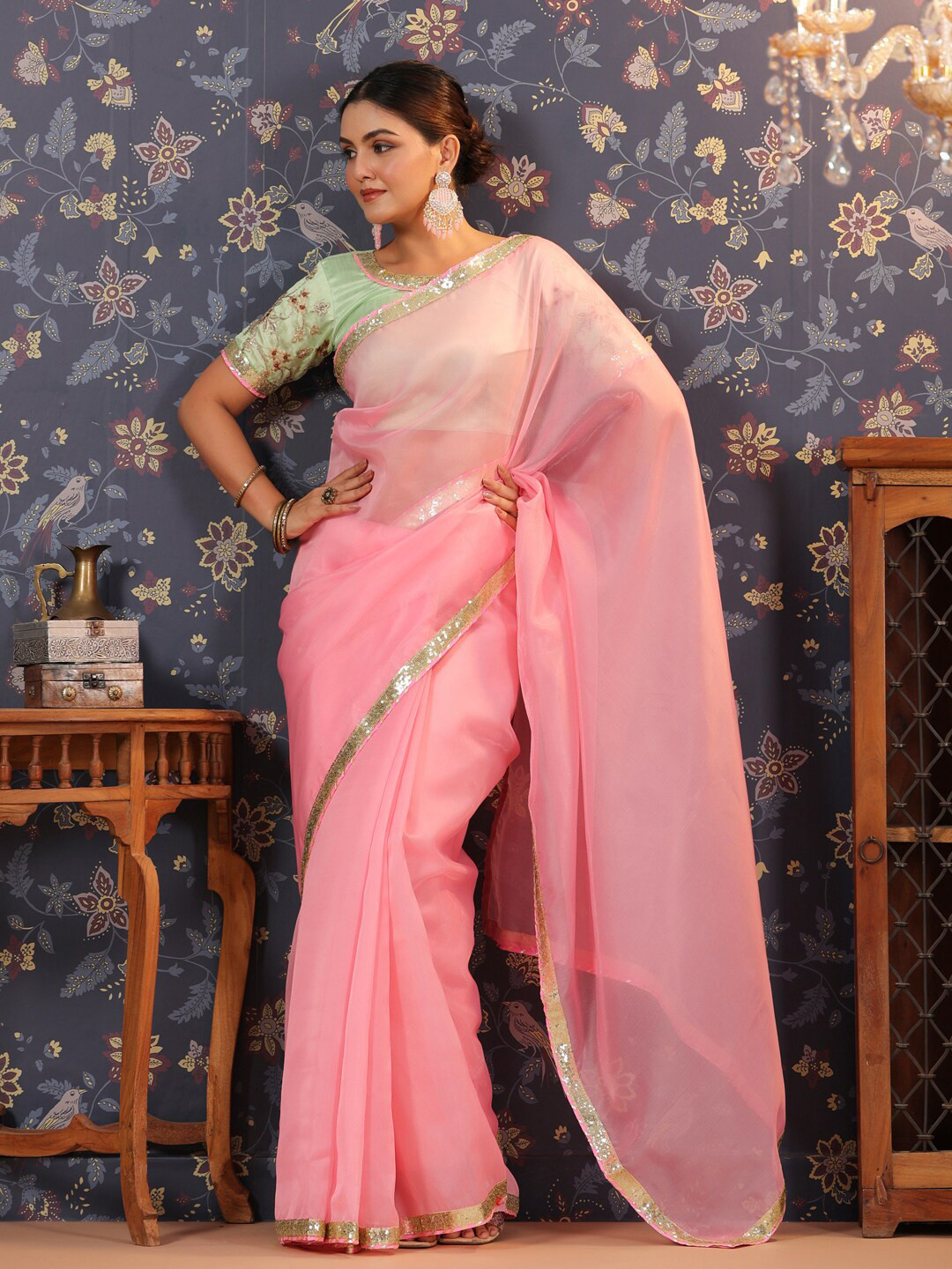 

House of Pataudi Embellished Border Saree, Pink