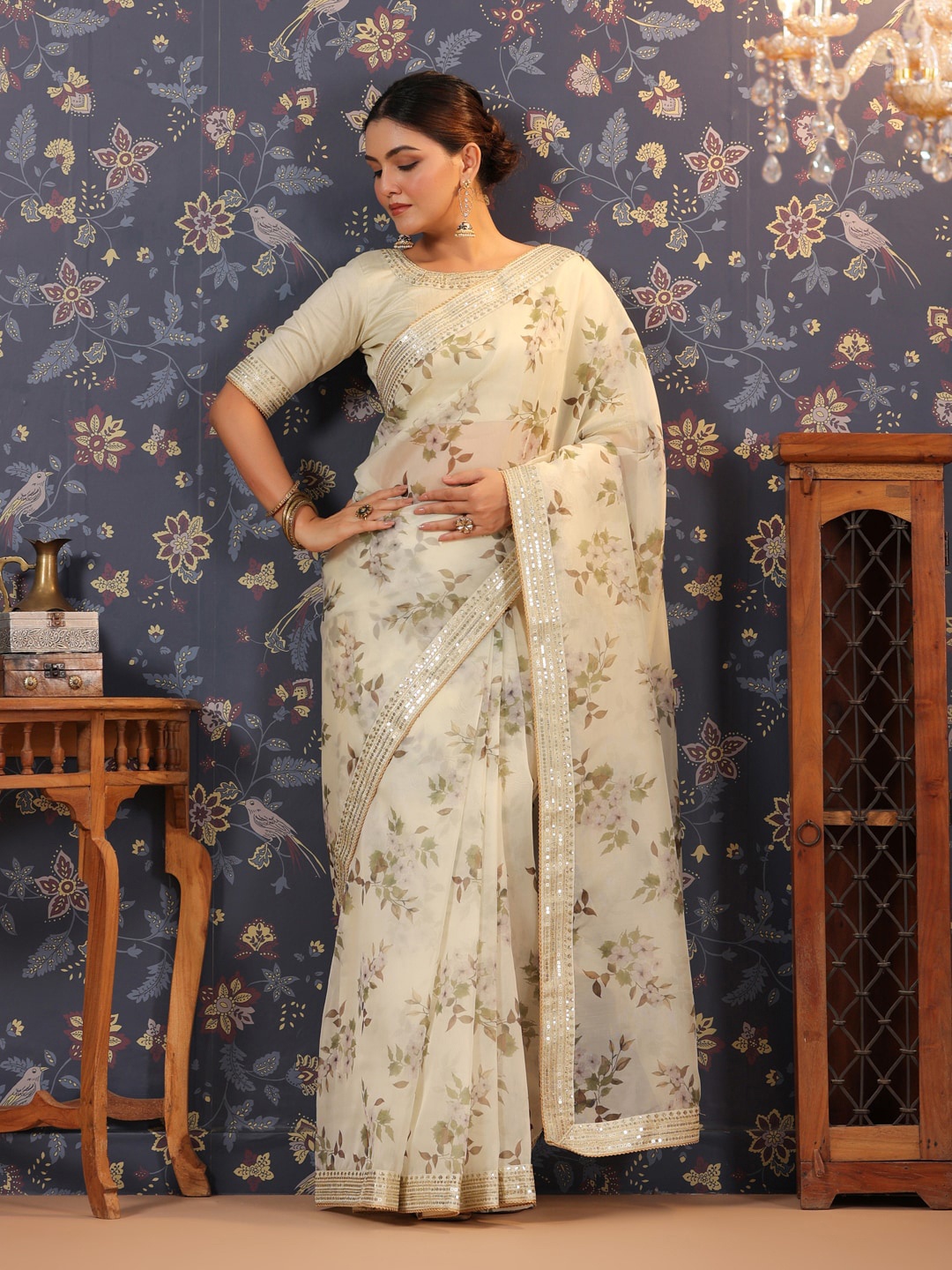 

House of Pataudi Floral Printed Organza Sarees, Off white
