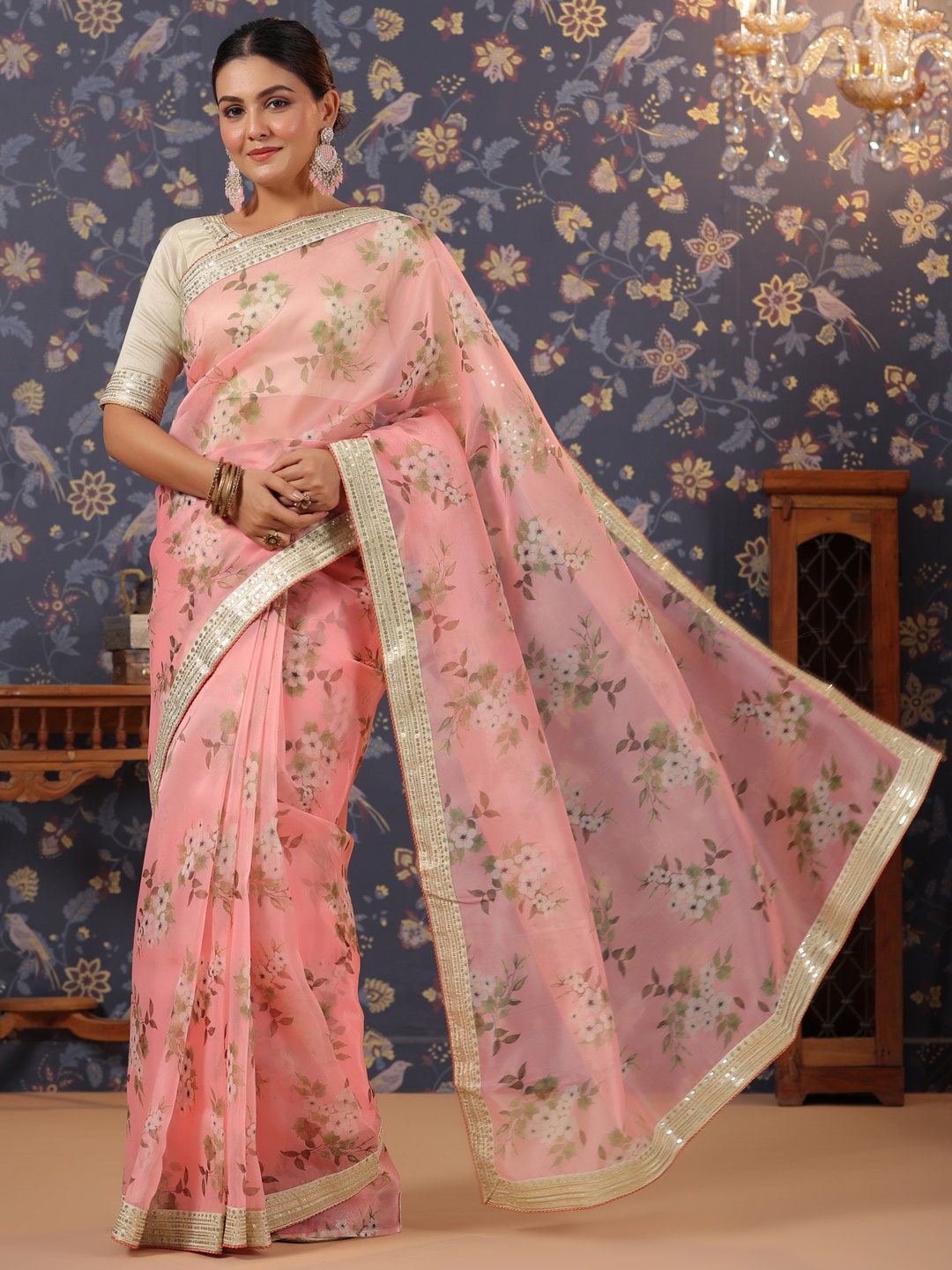 

House of Pataudi Floral Printed Saree, Pink