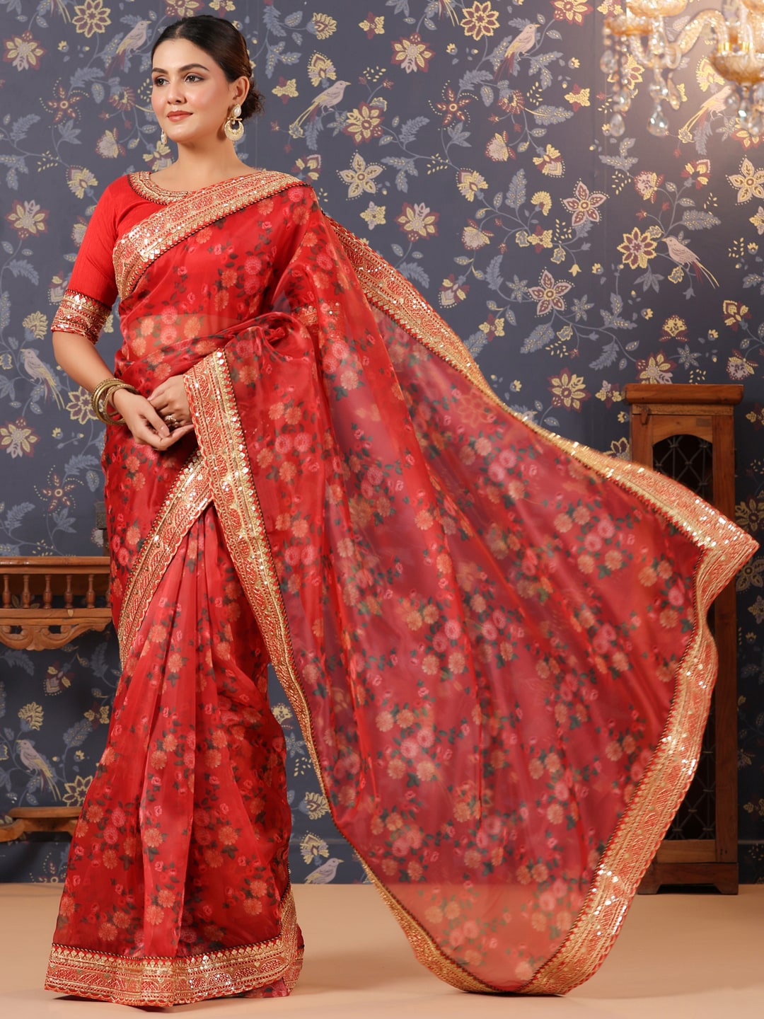 

House of Pataudi Floral Printed Organza Sarees, Red