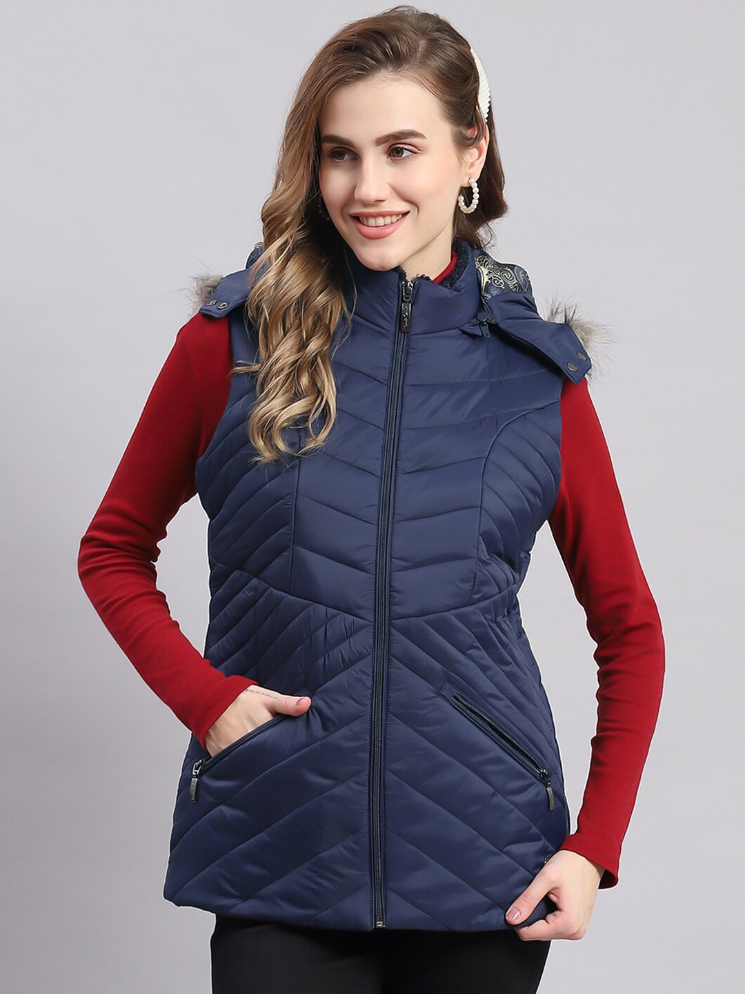 

Monte Carlo Faux Fur Trim Hooded Lightweight Padded Jacket, Navy blue