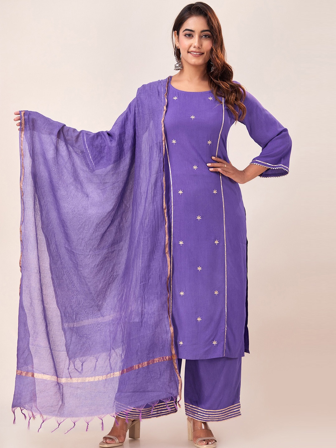 

SVARCHI Floral Embroidered Regular Thread Work Kurta with Palazzos & Dupatta, Purple