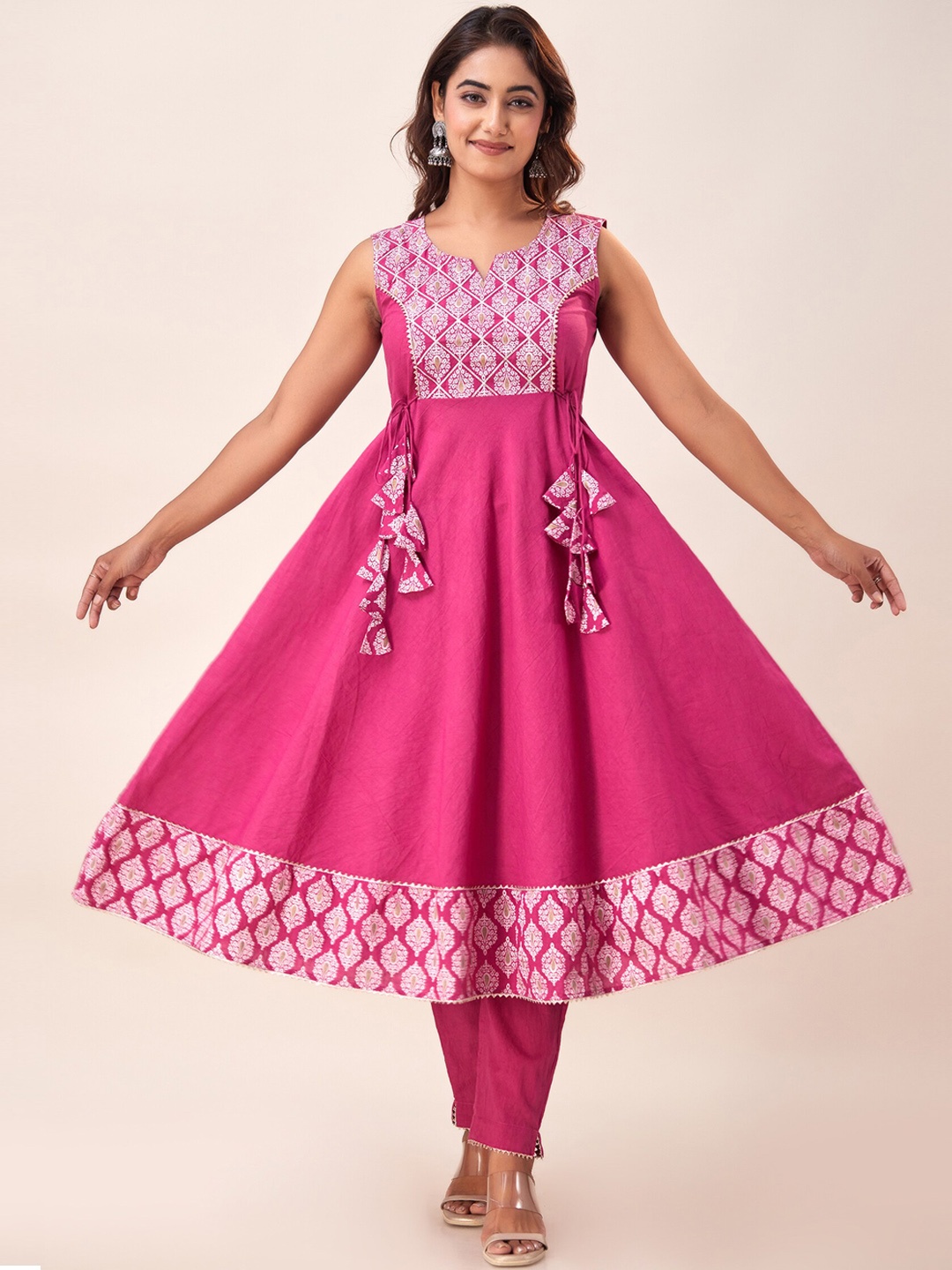 

SVARCHI Ethnic Motifs Yoke Design Gotta Patti Detailed Cotton Anarkali Kurta, Pink