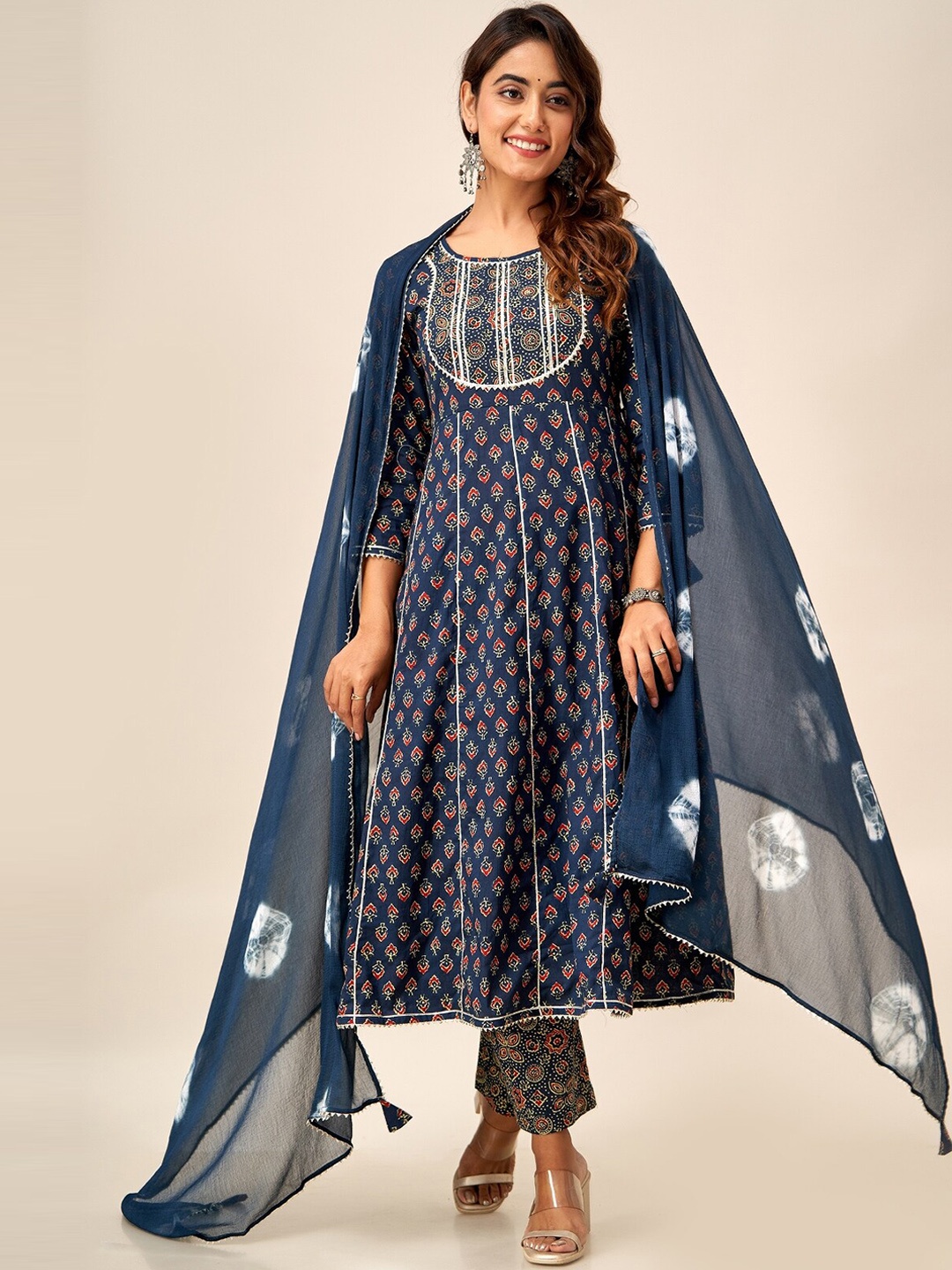 

SVARCHI Ethnic Motifs Printed Pure Cotton Anarkali Kurta With Trousers & Dupatta, Blue