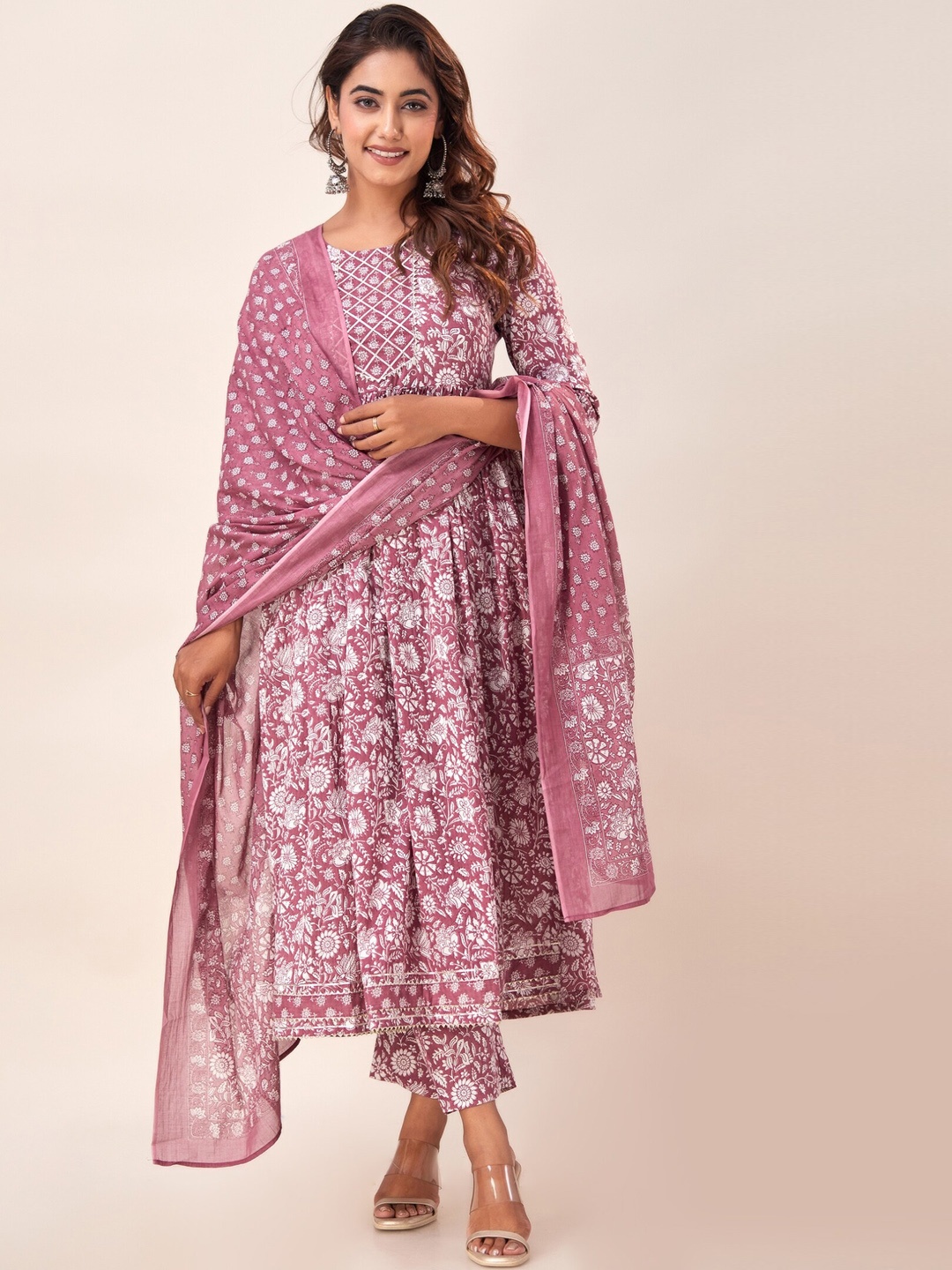 

SVARCHI Floral Printed Regular Pure Cotton Kurta With Palazzos & Dupatta, Mauve